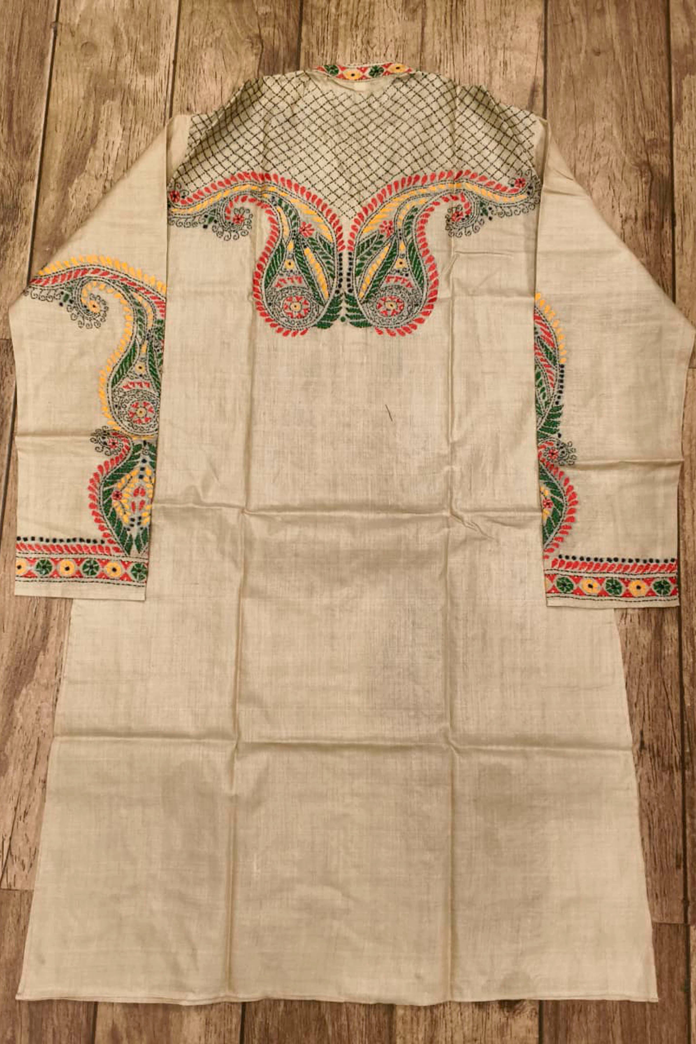 Beige Pure Tussar with Kantha Work (Hand Embroidery) Panjabi