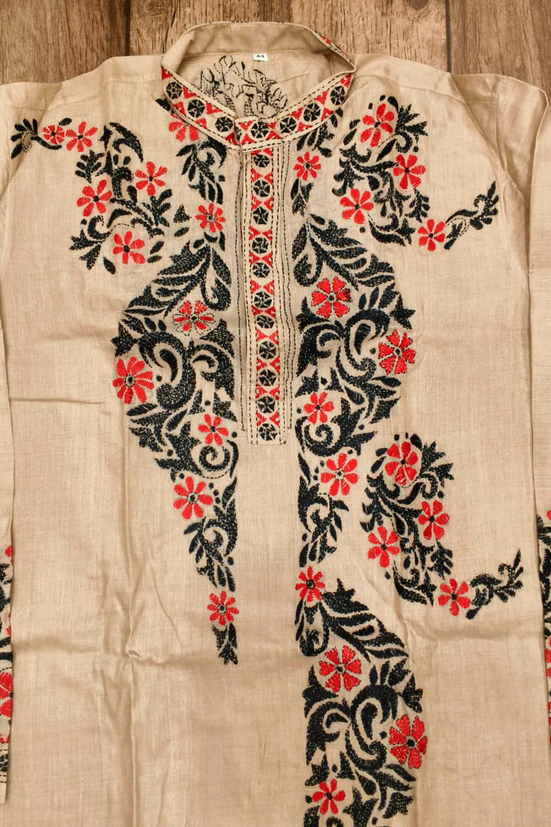 Beige Pure Tussar with Kantha Work (Hand Embroidery) Panjabi