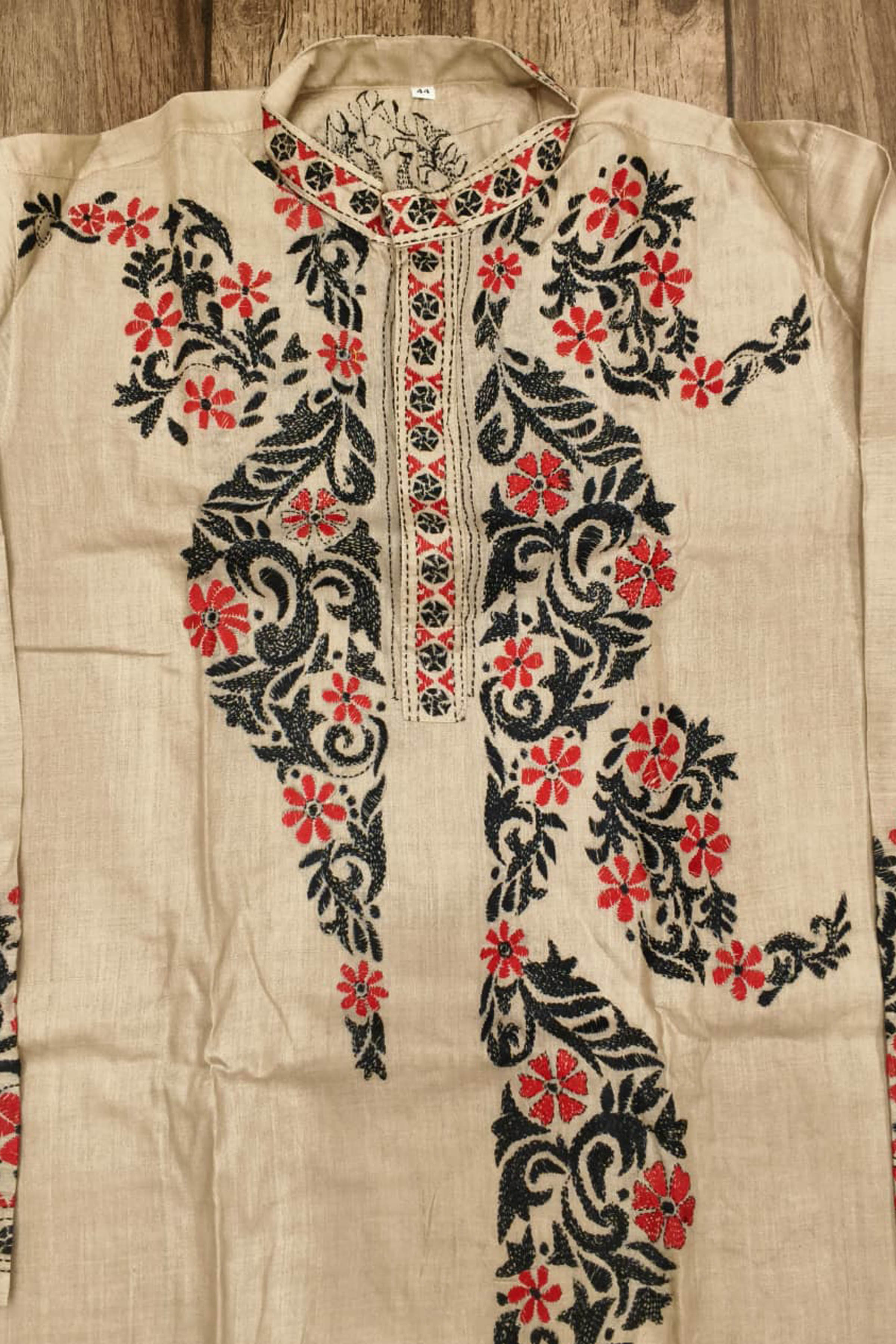 Beige Pure Tussar with Kantha Work (Hand Embroidery) Panjabi