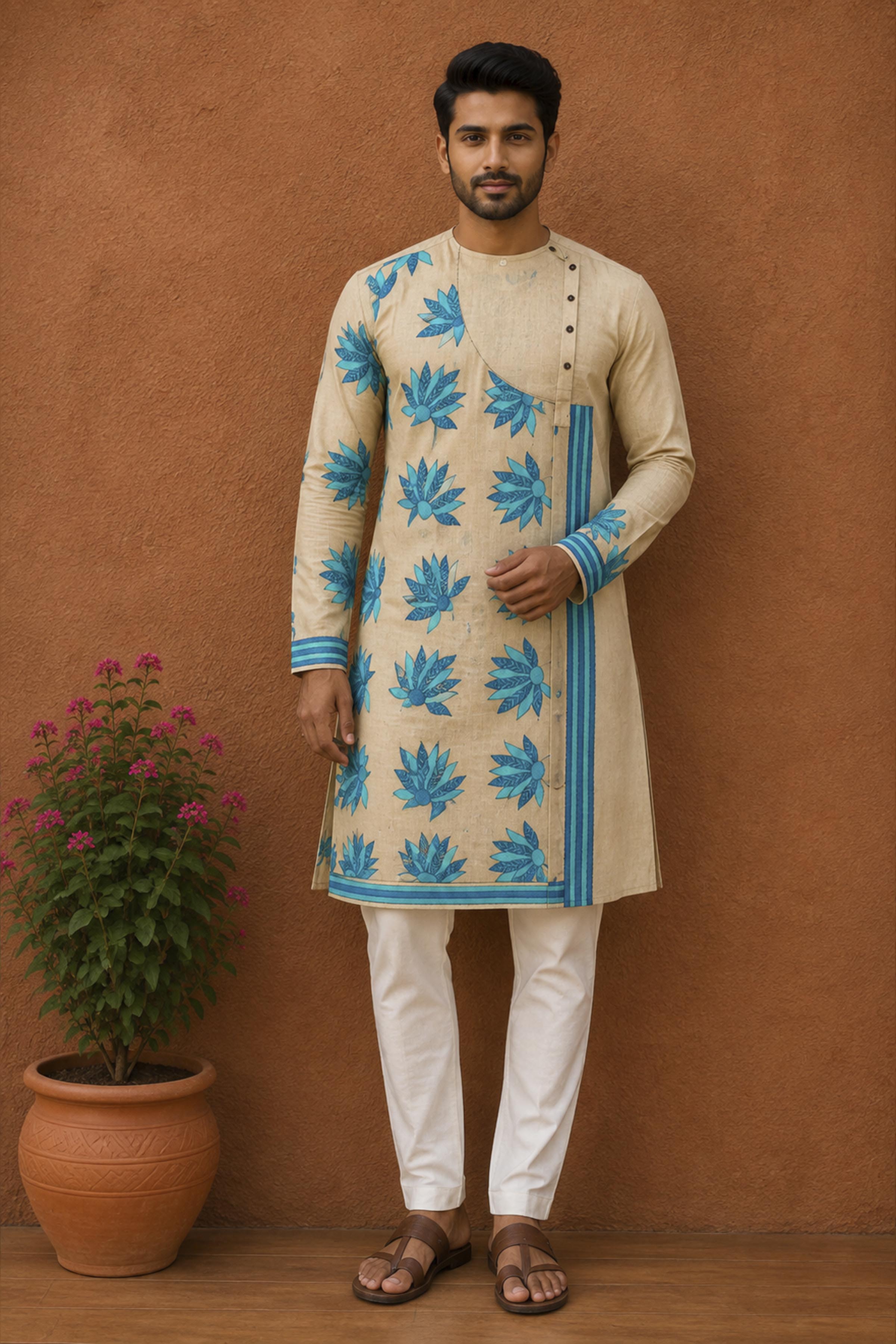 Beige Pure Tussar with Kantha Work (Hand Embroidery) Panjabi
