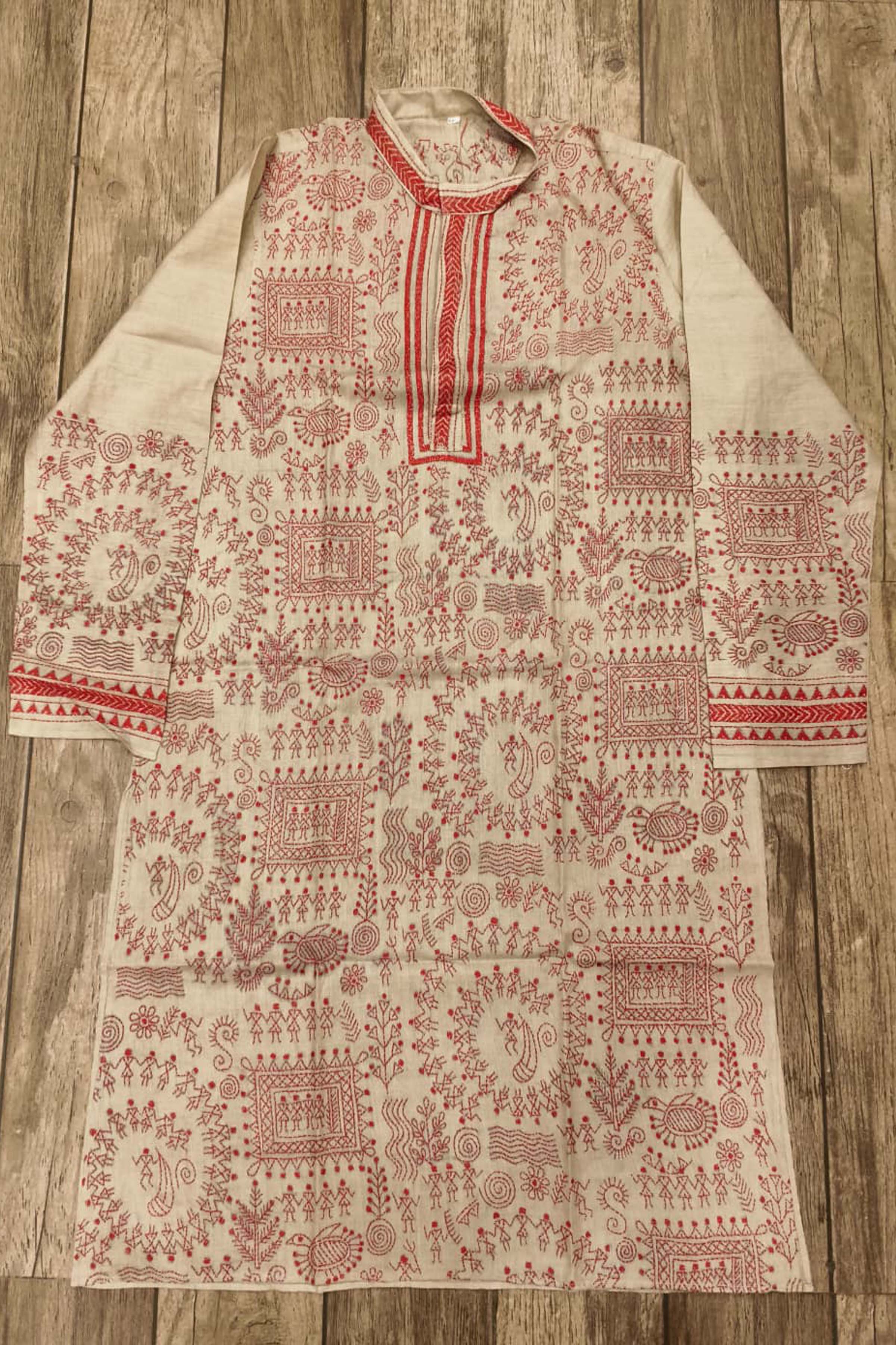 Beige Pure Tussar with Kantha Work (Hand Embroidery) Panjabi