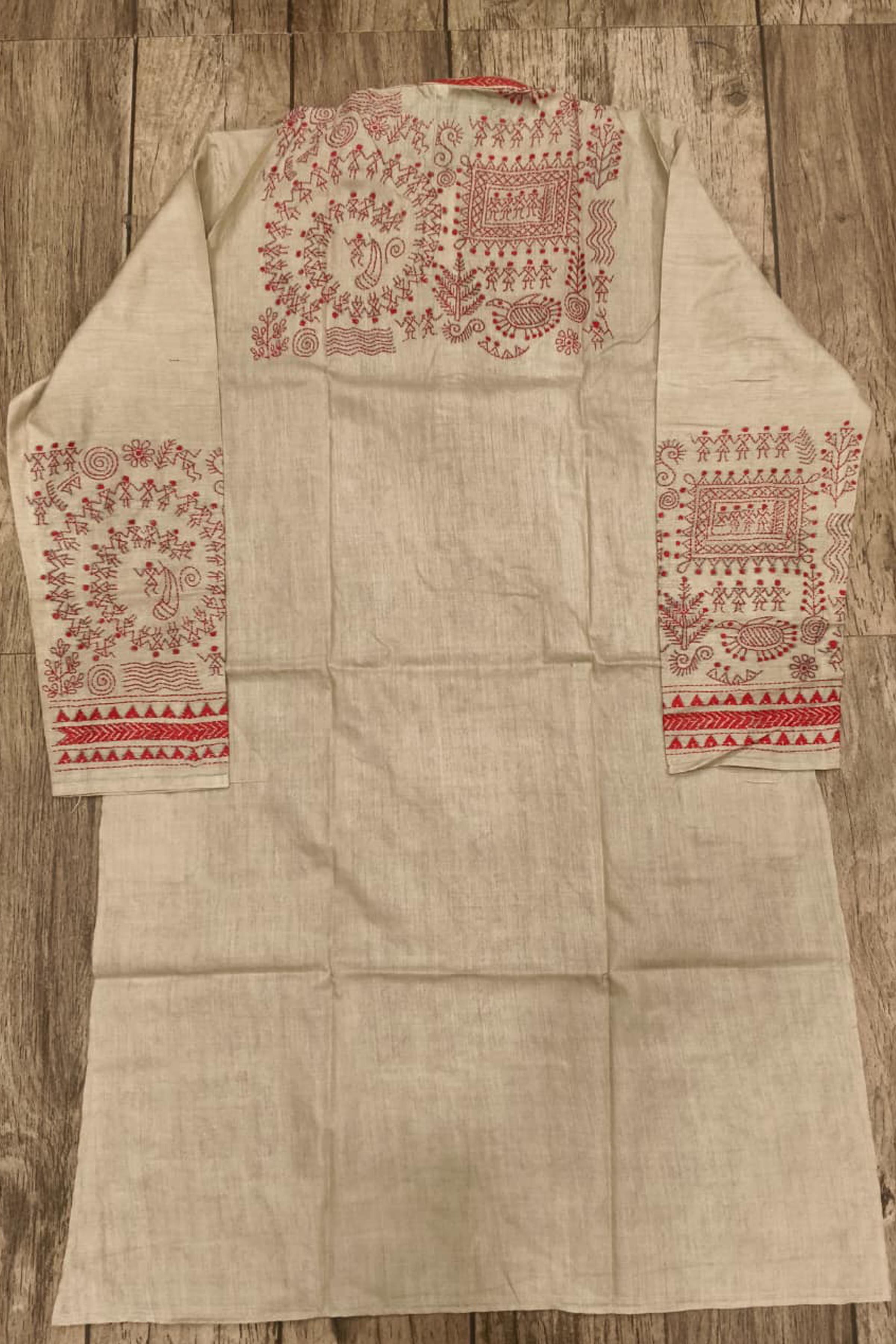 Beige Pure Tussar with Kantha Work (Hand Embroidery) Panjabi