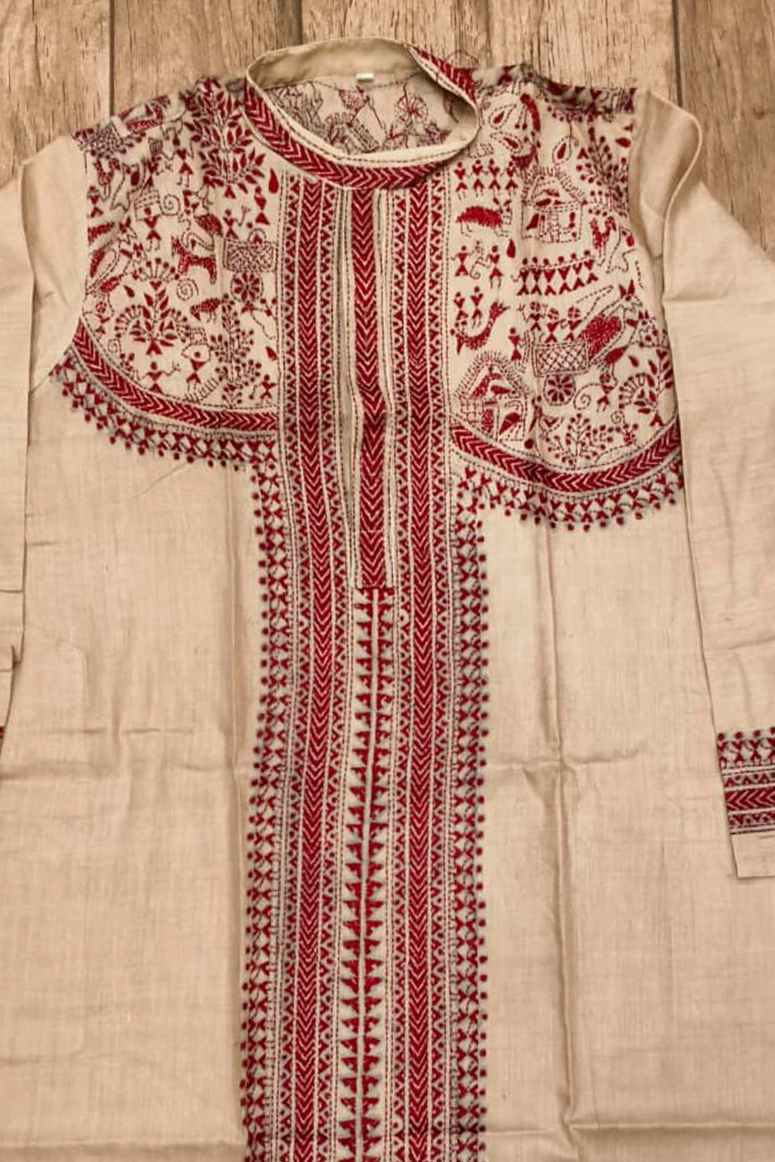 Beige Pure Tussar with Kantha Work (Hand Embroidery) Panjabi