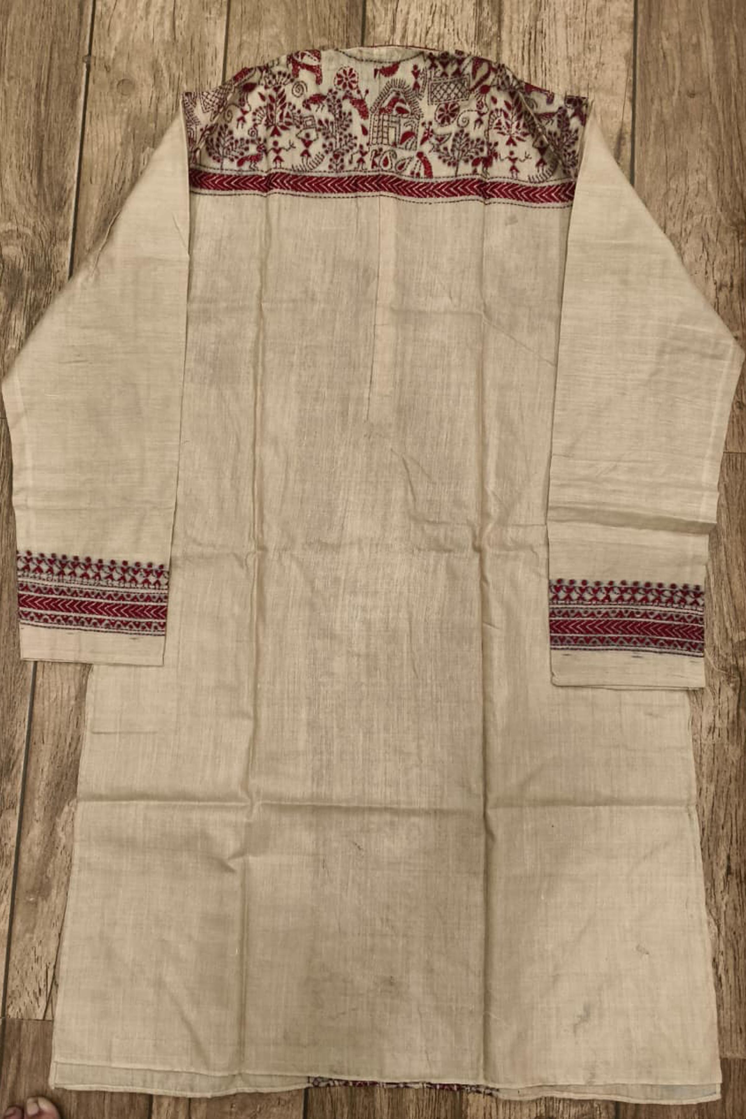 Beige Pure Tussar with Kantha Work (Hand Embroidery) Panjabi