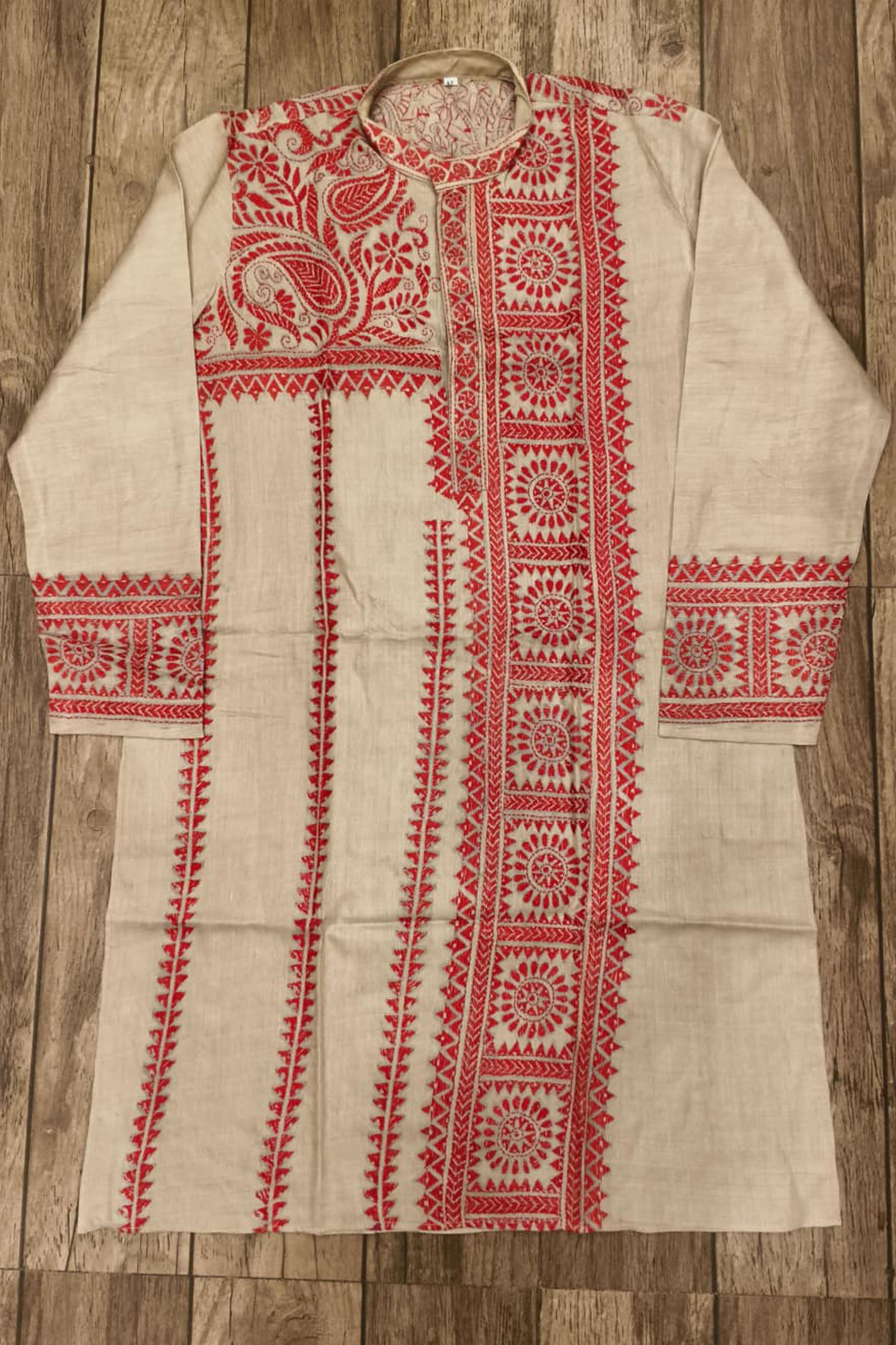 Beige Pure Tussar with Kantha Work (Hand Embroidery) Panjabi