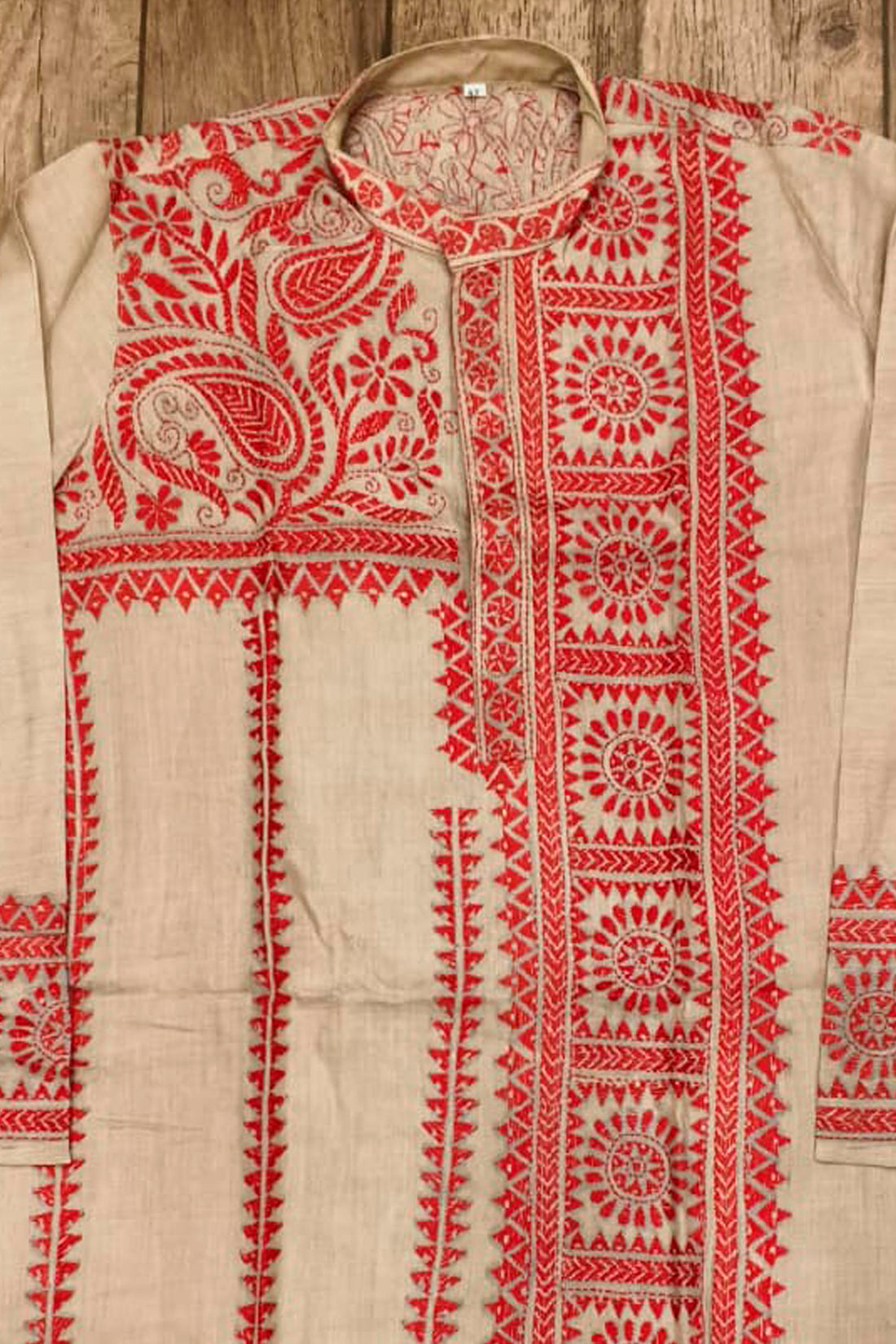 Beige Pure Tussar with Kantha Work (Hand Embroidery) Panjabi