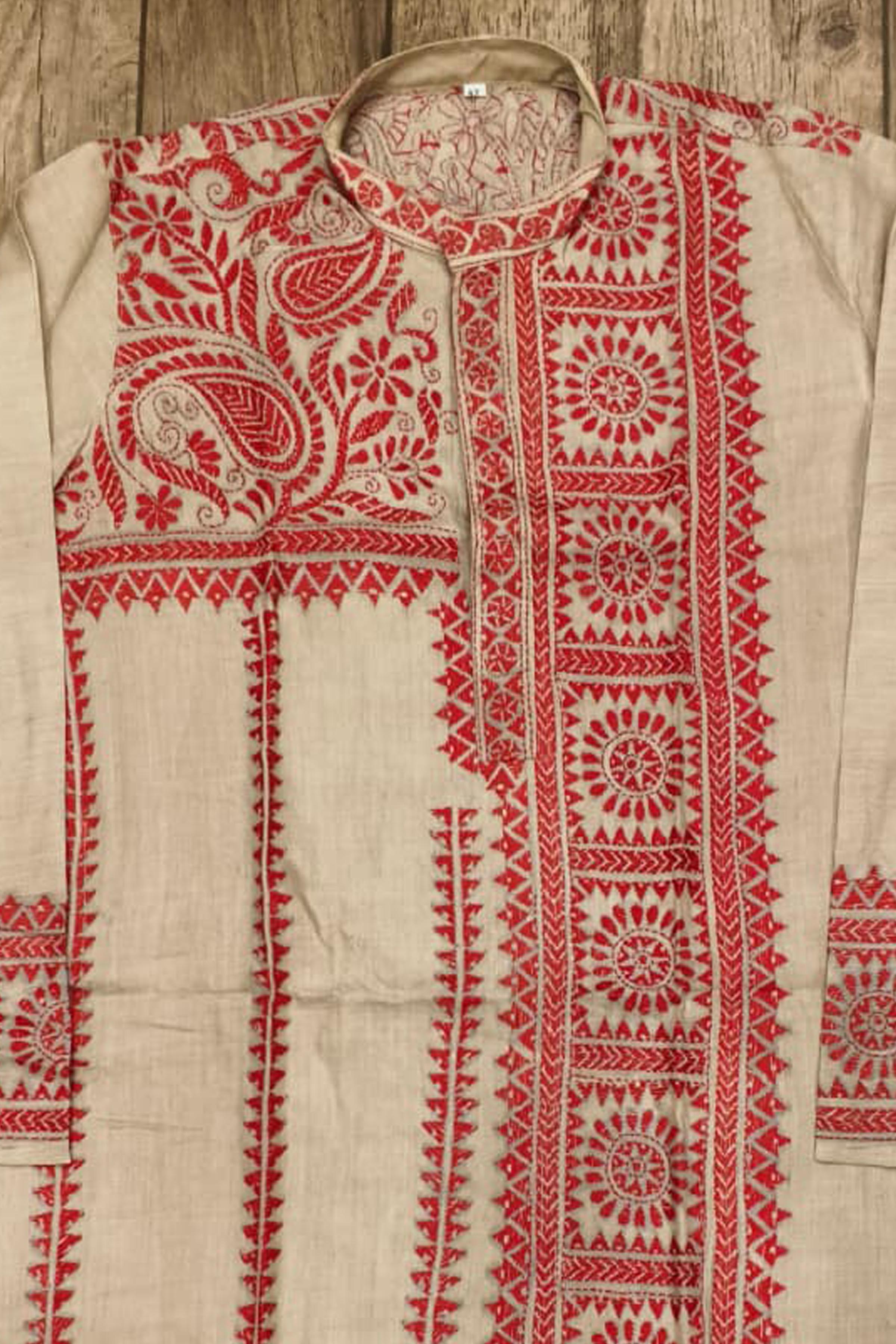 Beige Pure Tussar with Kantha Work (Hand Embroidery) Panjabi