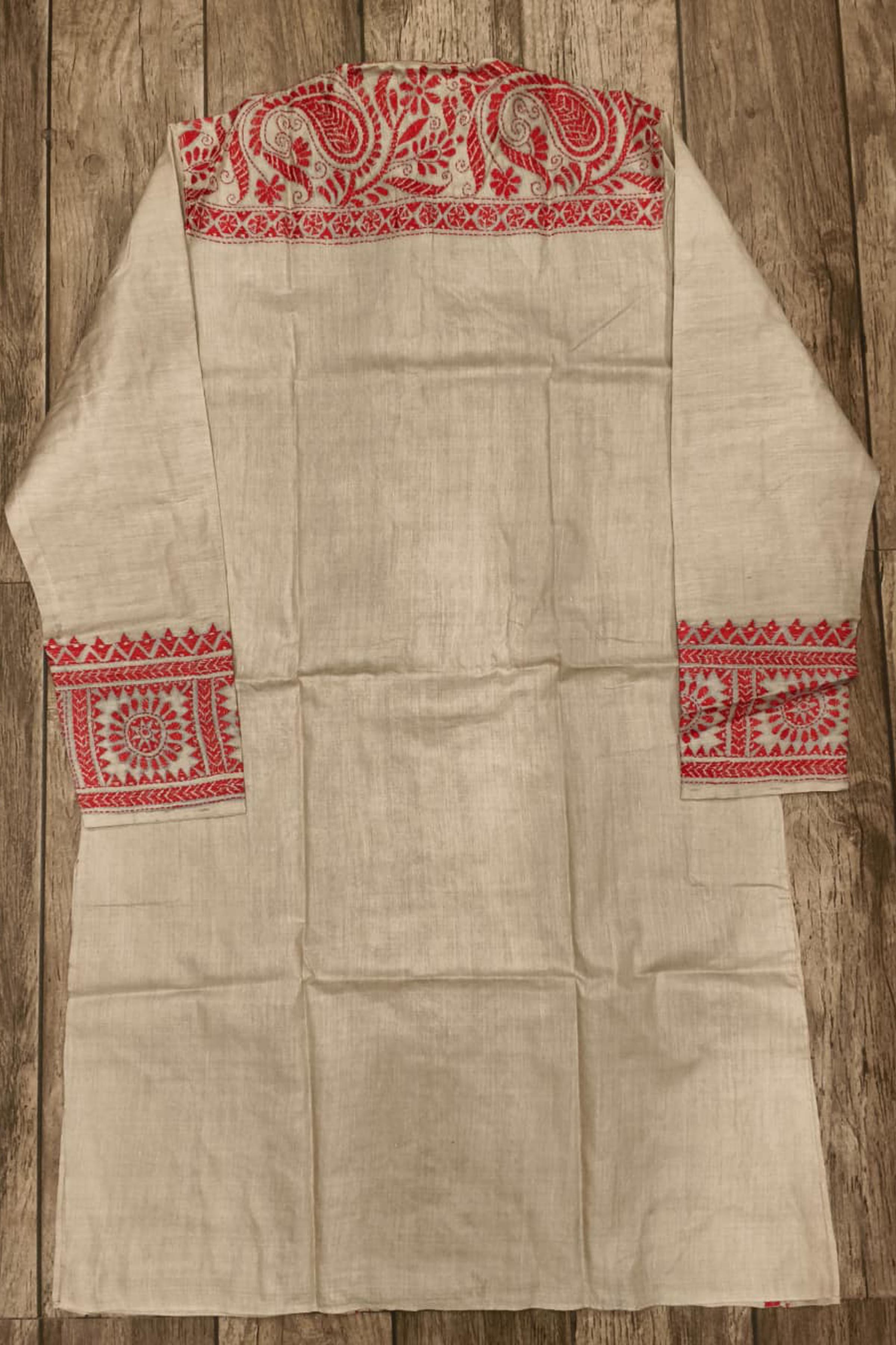 Beige Pure Tussar with Kantha Work (Hand Embroidery) Panjabi