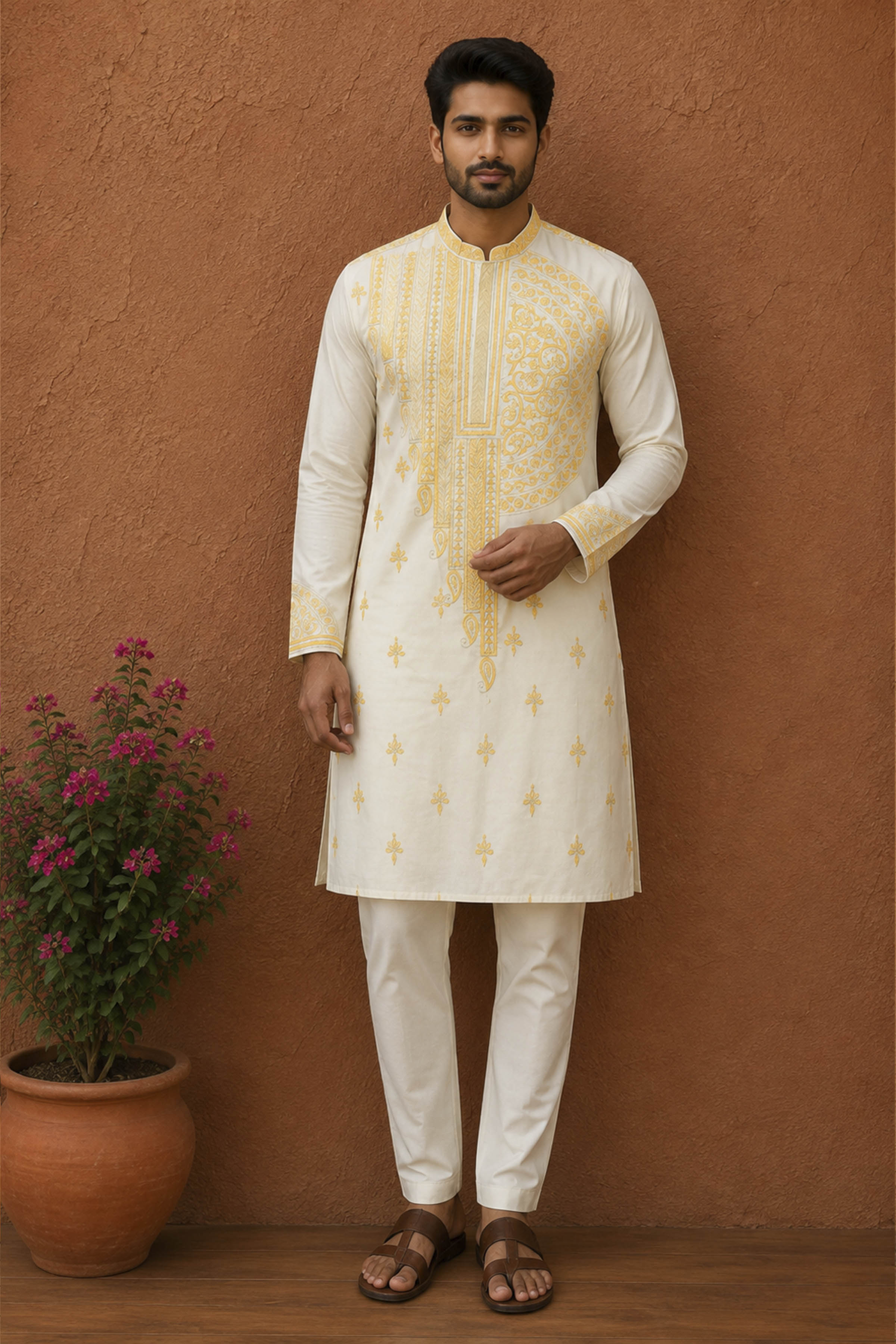 Off White Tussar with Kantha Work (Hand Embroidery) Panjabi