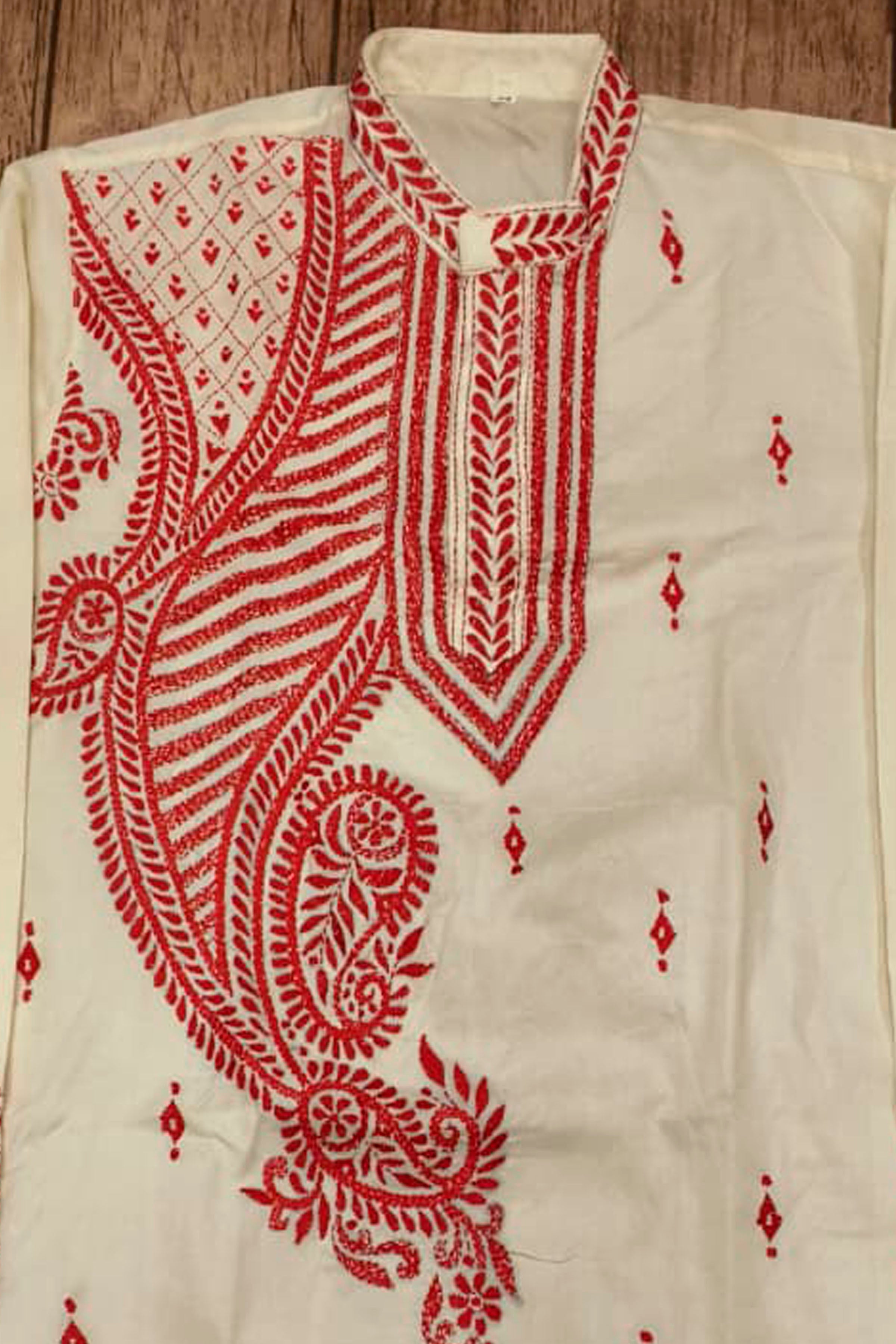 Off White Tussar with Kantha Work (Hand Embroidery) Panjabi