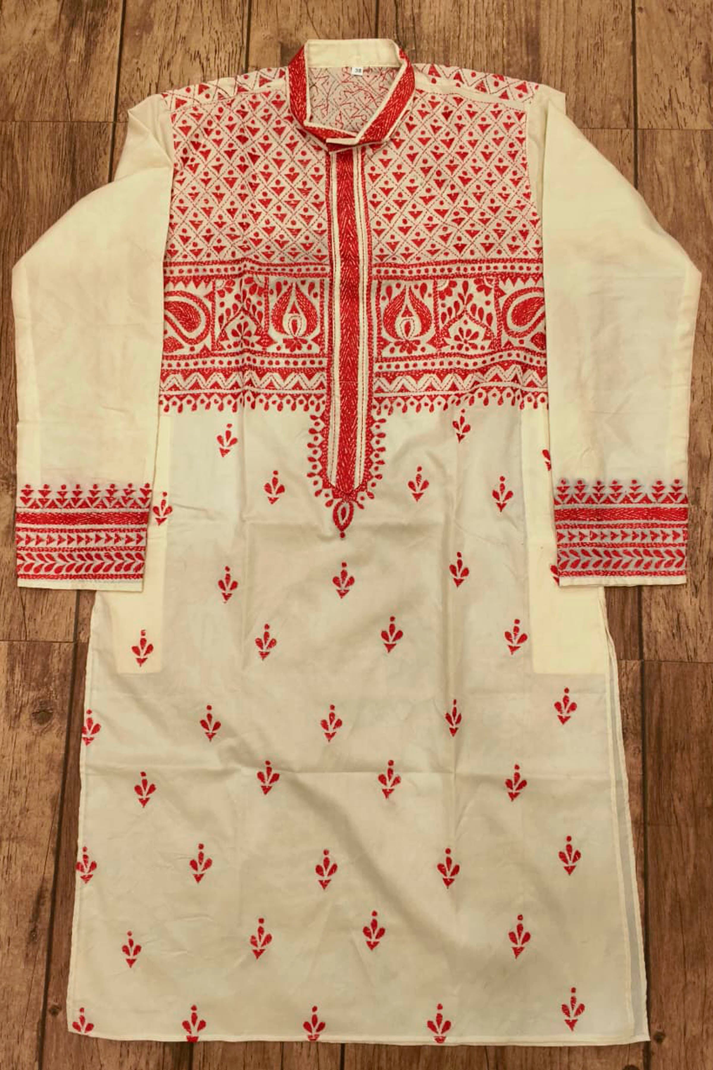 Off White Tussar with Kantha Work (Hand Embroidery) Panjabi