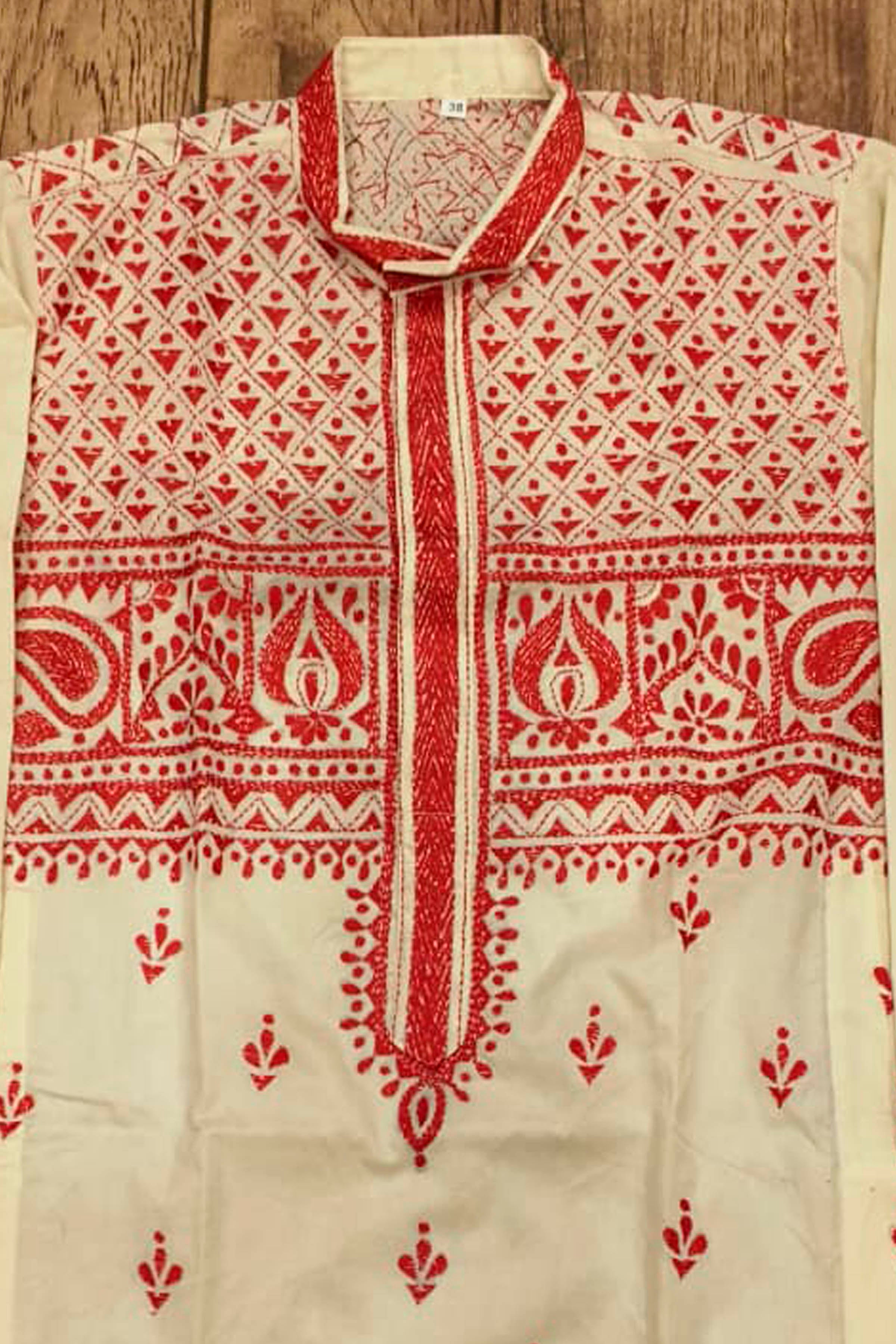 Off White Tussar with Kantha Work (Hand Embroidery) Panjabi