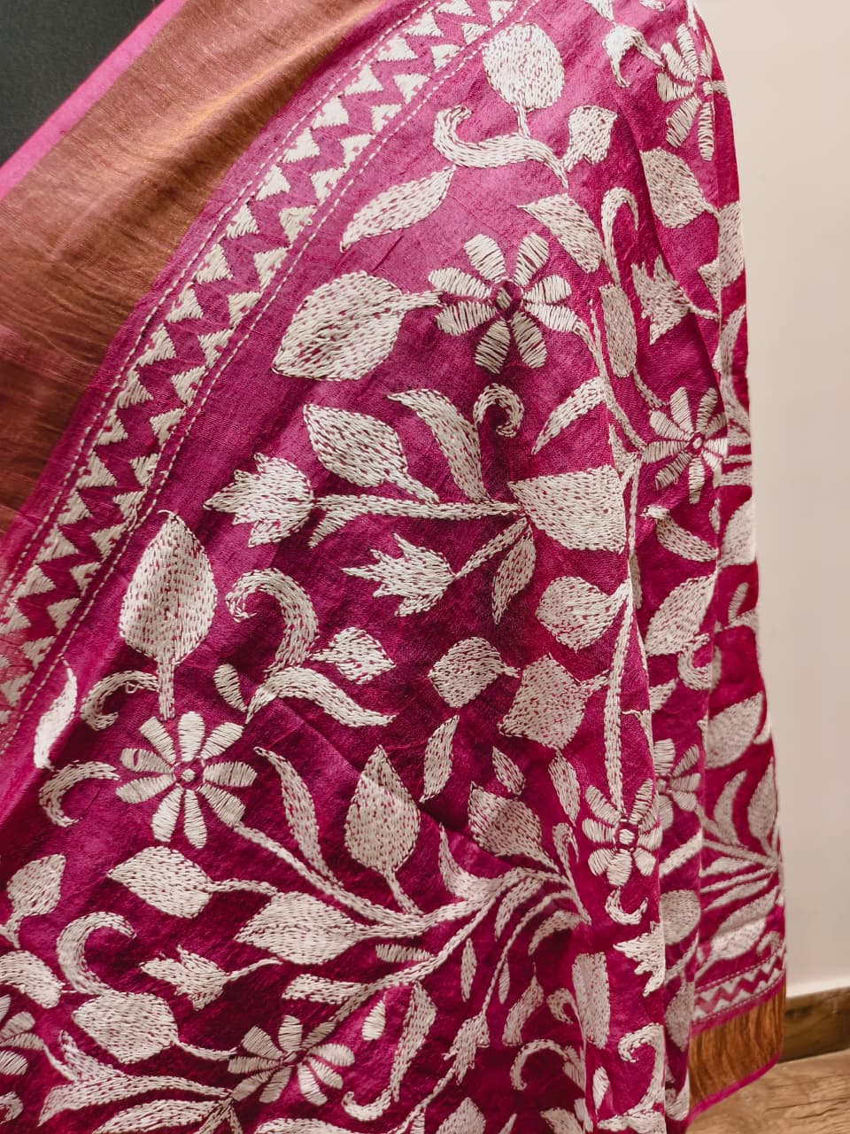 Zari Border Pure Tussar Kantha Stitch Dupatta SN26KD34