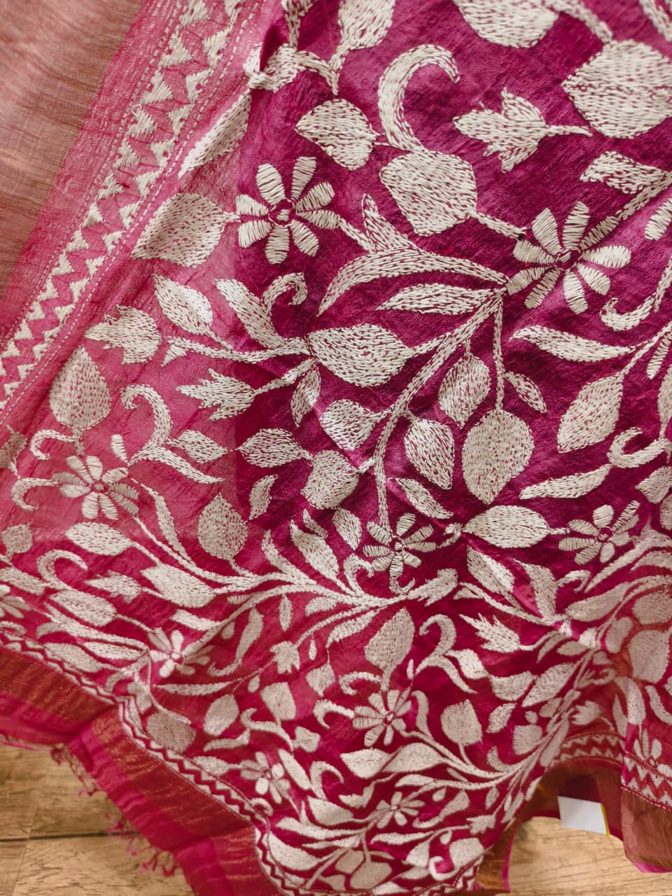 Zari Border Pure Tussar Kantha Stitch Dupatta SN26KD34