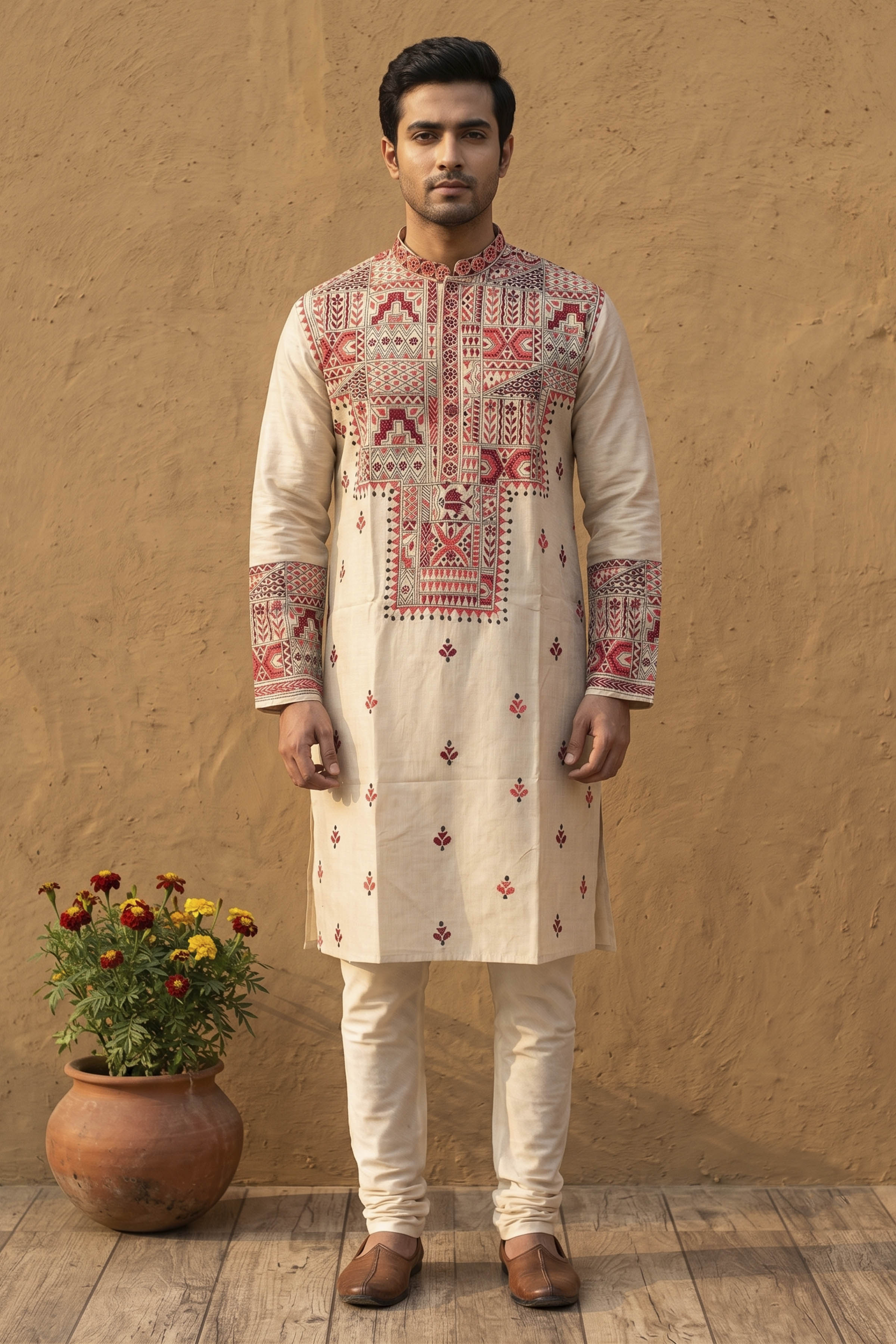 Beige Pure Tussar with Kantha Work (Hand Embroidery) Panjabi KP26375