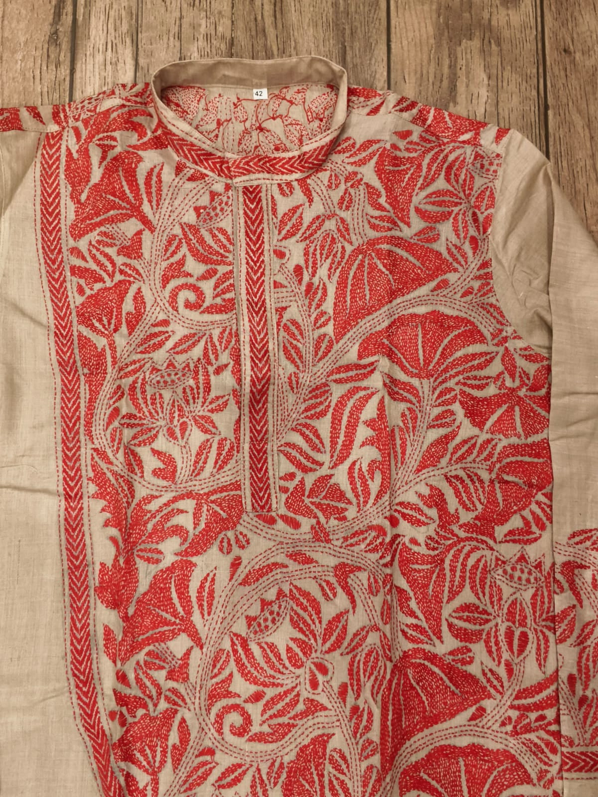 Beige Pure Tussar with Kantha Work (Hand Embroidery) Panjabi KP26377
