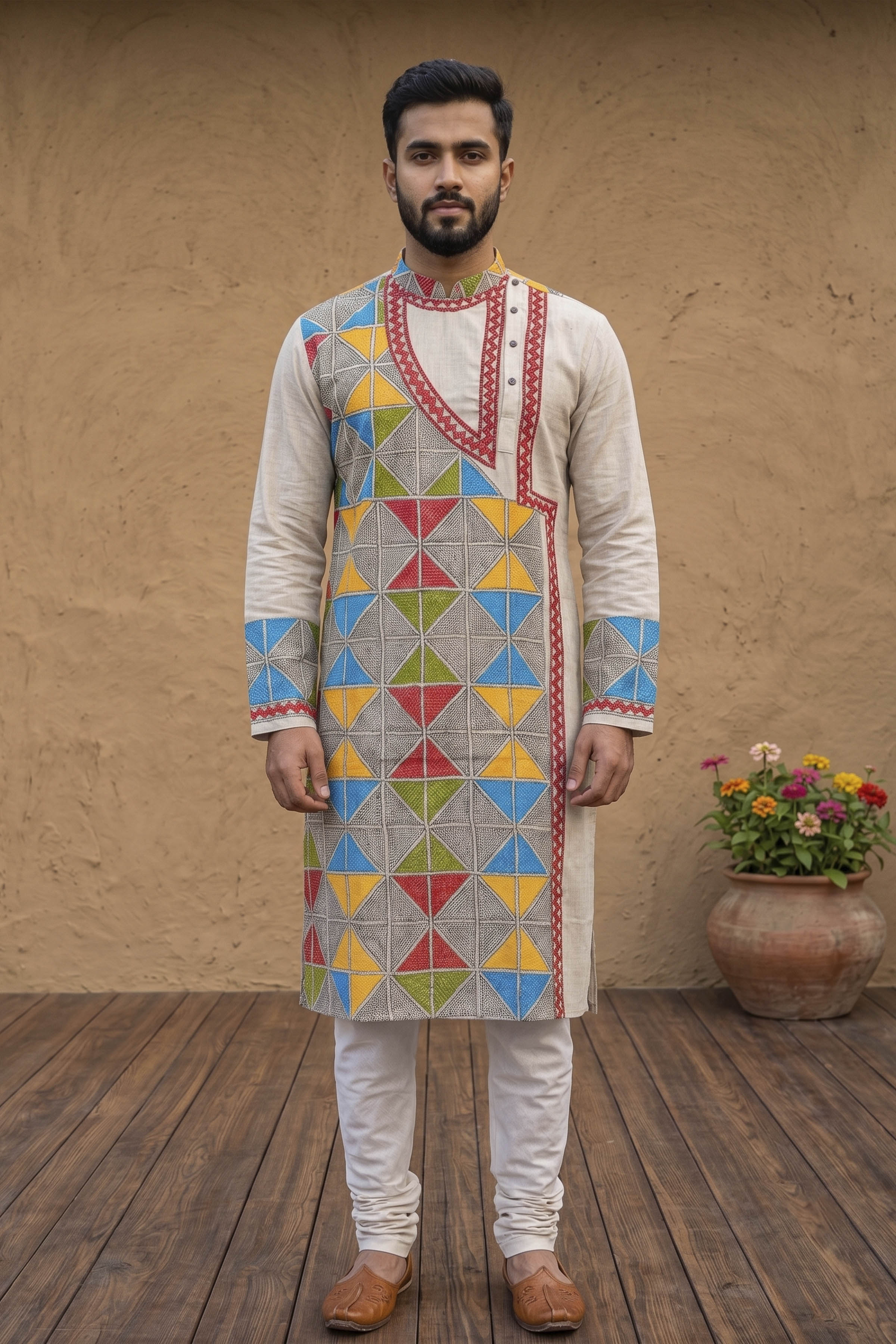 Beige Pure Tussar with Kantha Work (Hand Embroidery) Panjabi KP26385
