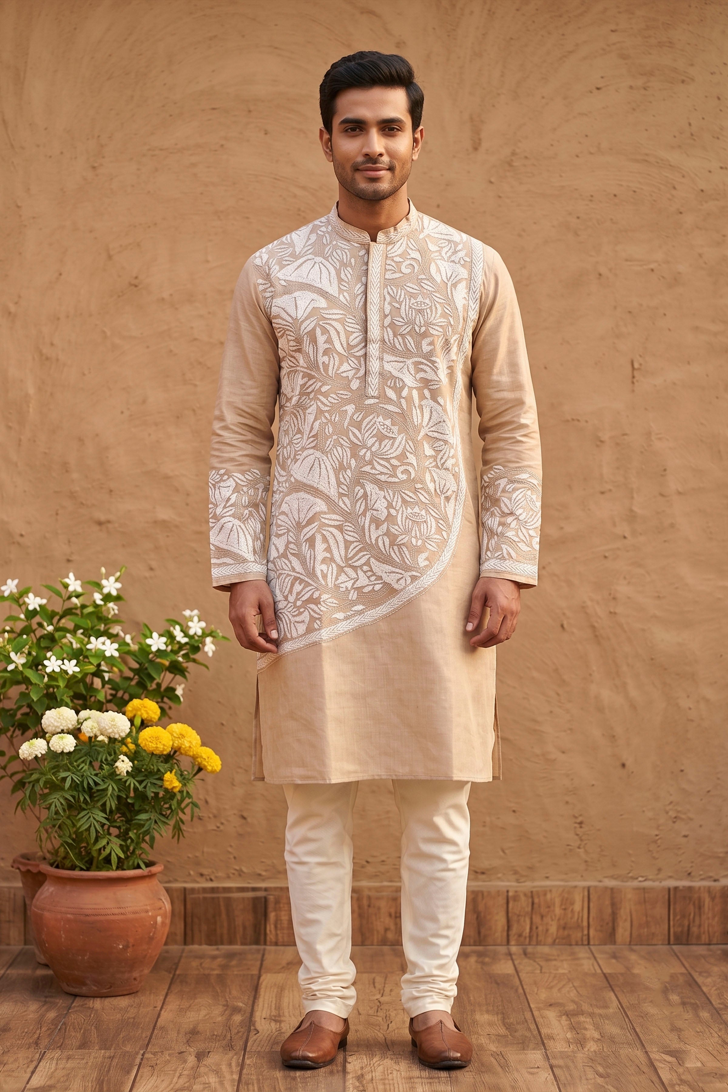 Beige Pure Tussar with Kantha Work (Hand Embroidery) Panjabi KP26386