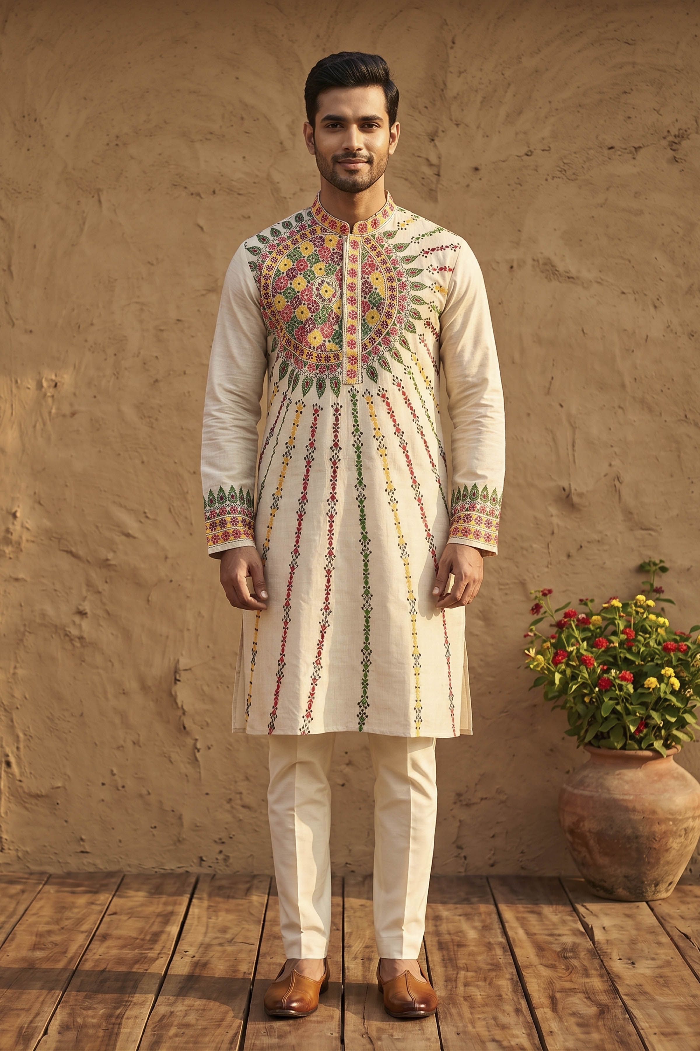 Beige Pure Tussar with Kantha Work (Hand Embroidery) Panjabi KP26392