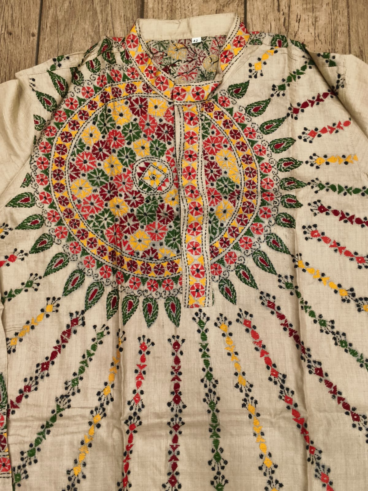 Beige Pure Tussar with Kantha Work (Hand Embroidery) Panjabi KP26392