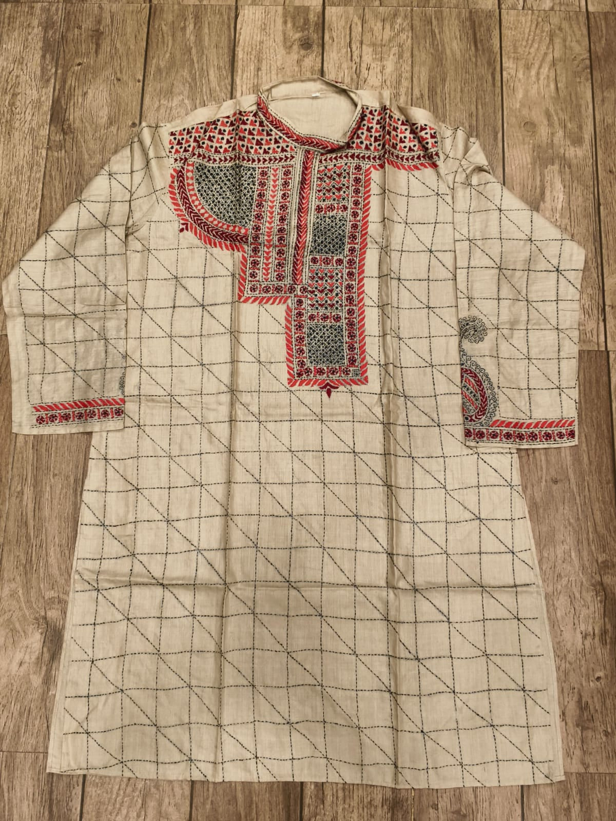 Beige Pure Tussar with Kantha Work (Hand Embroidery) Panjabi KP26393