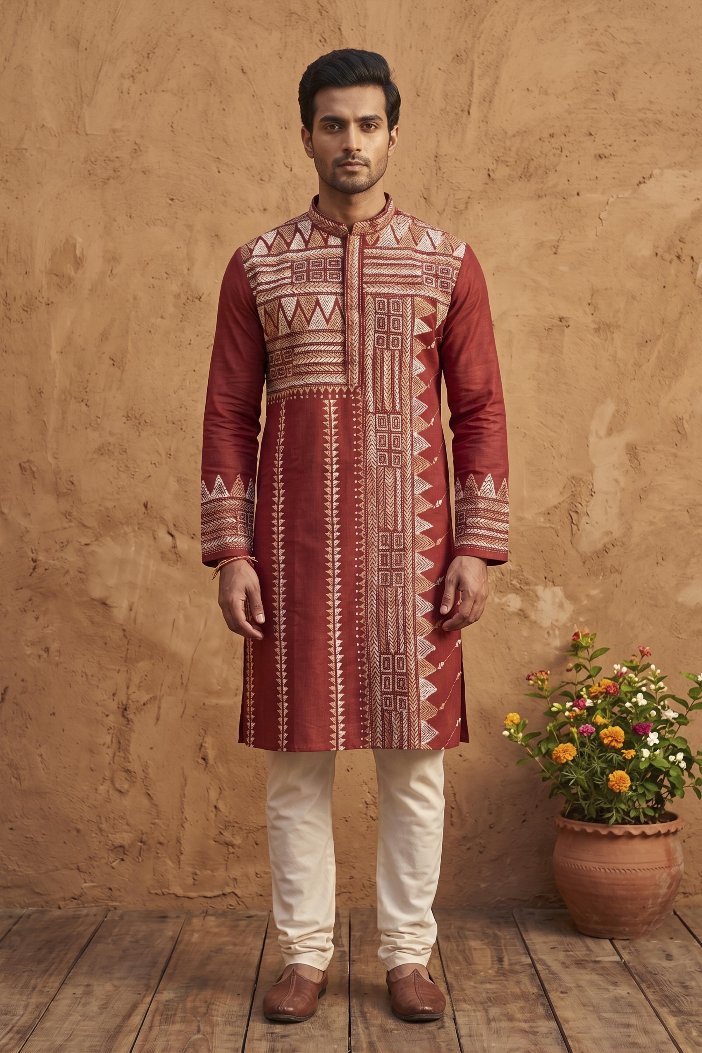 Red Pure Tussar with Kantha Work (Hand Embroidery) Panjabi KP26394