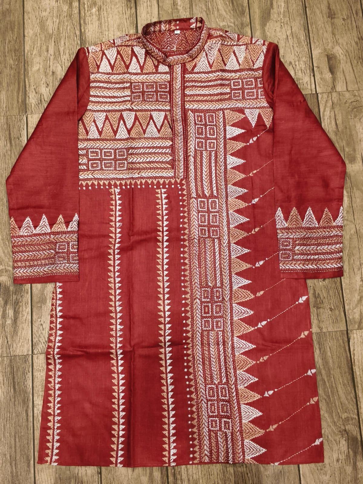 Red Pure Tussar with Kantha Work (Hand Embroidery) Panjabi KP26394