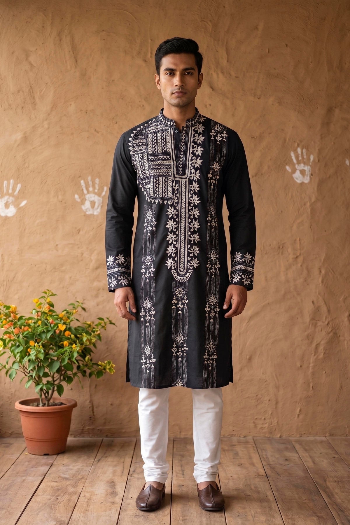 Black Cotton Kantha Stitch (Hand Embroidery) Panjabi KP26396