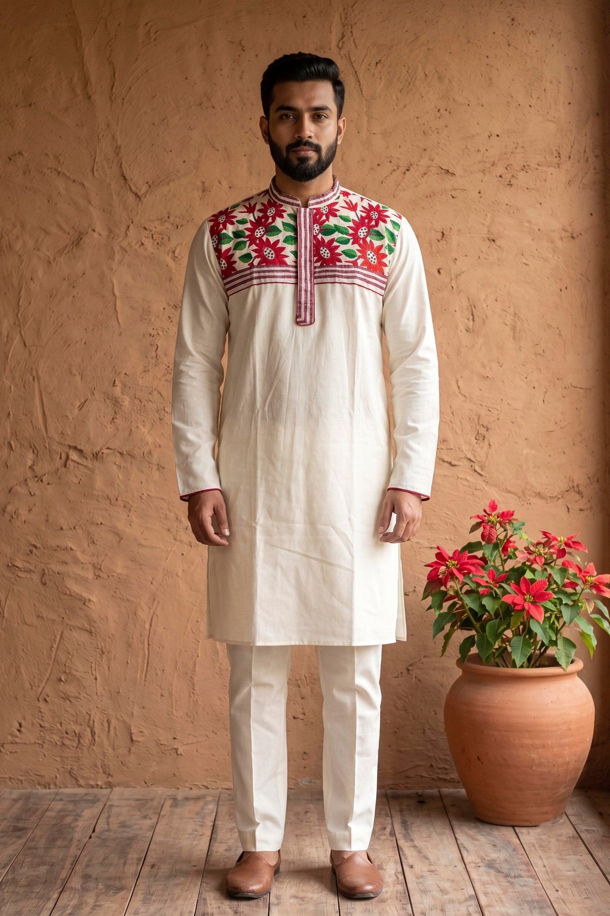 White Cotton Kantha Stitch (Hand Embroidery) Panjabi KP26397