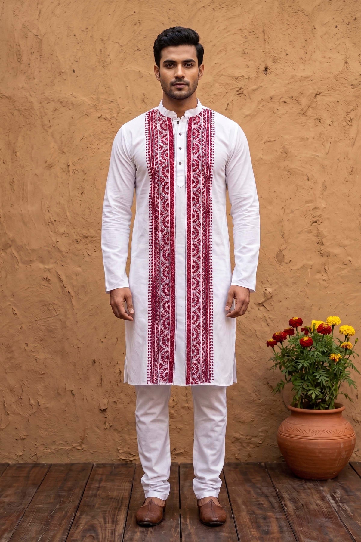 White Cotton Kantha Stitch (Hand Embroidery) Panjabi KP26413