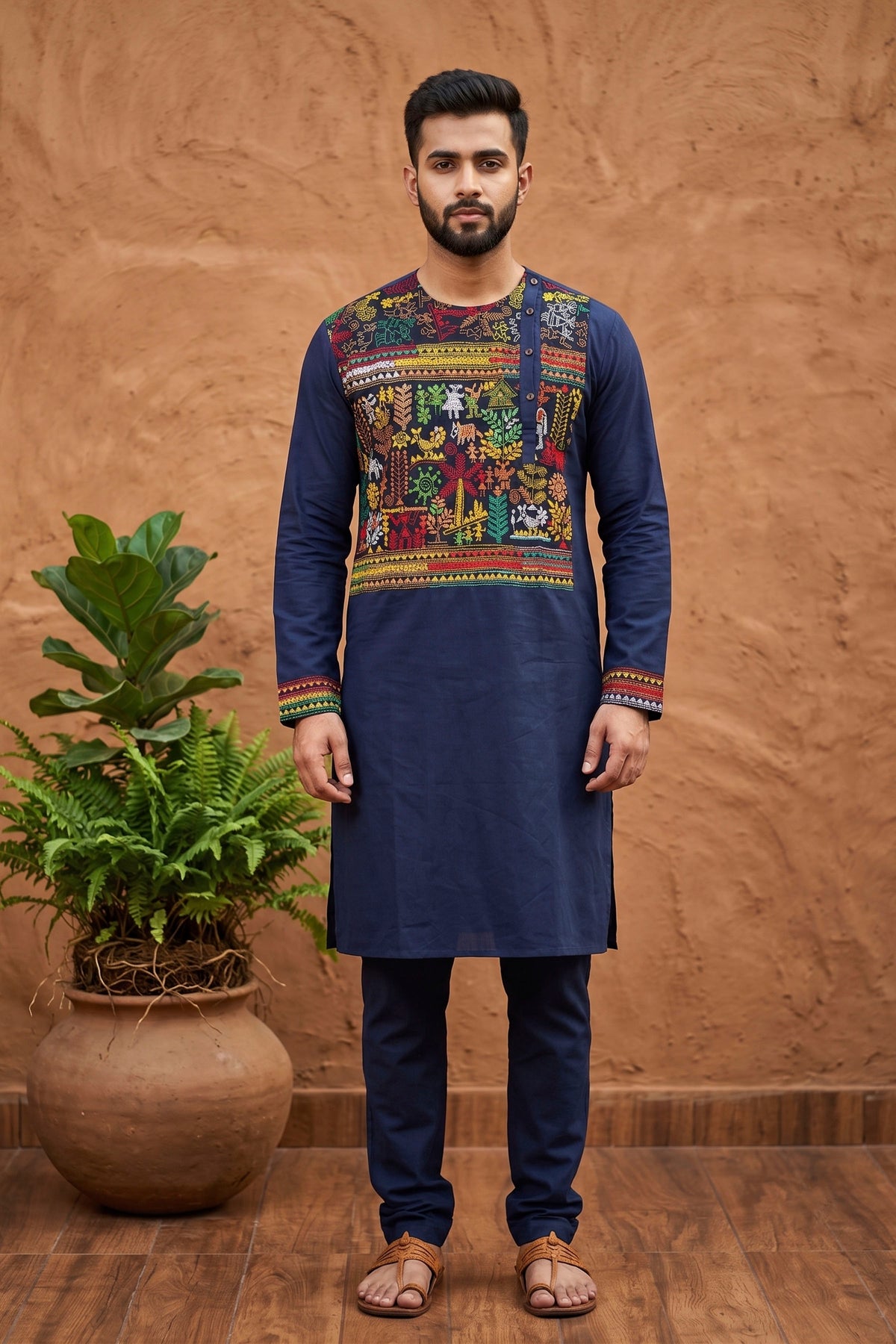 Blue Color Cotton Kantha Stitch (Hand Embroidery) Panjabi KP26420