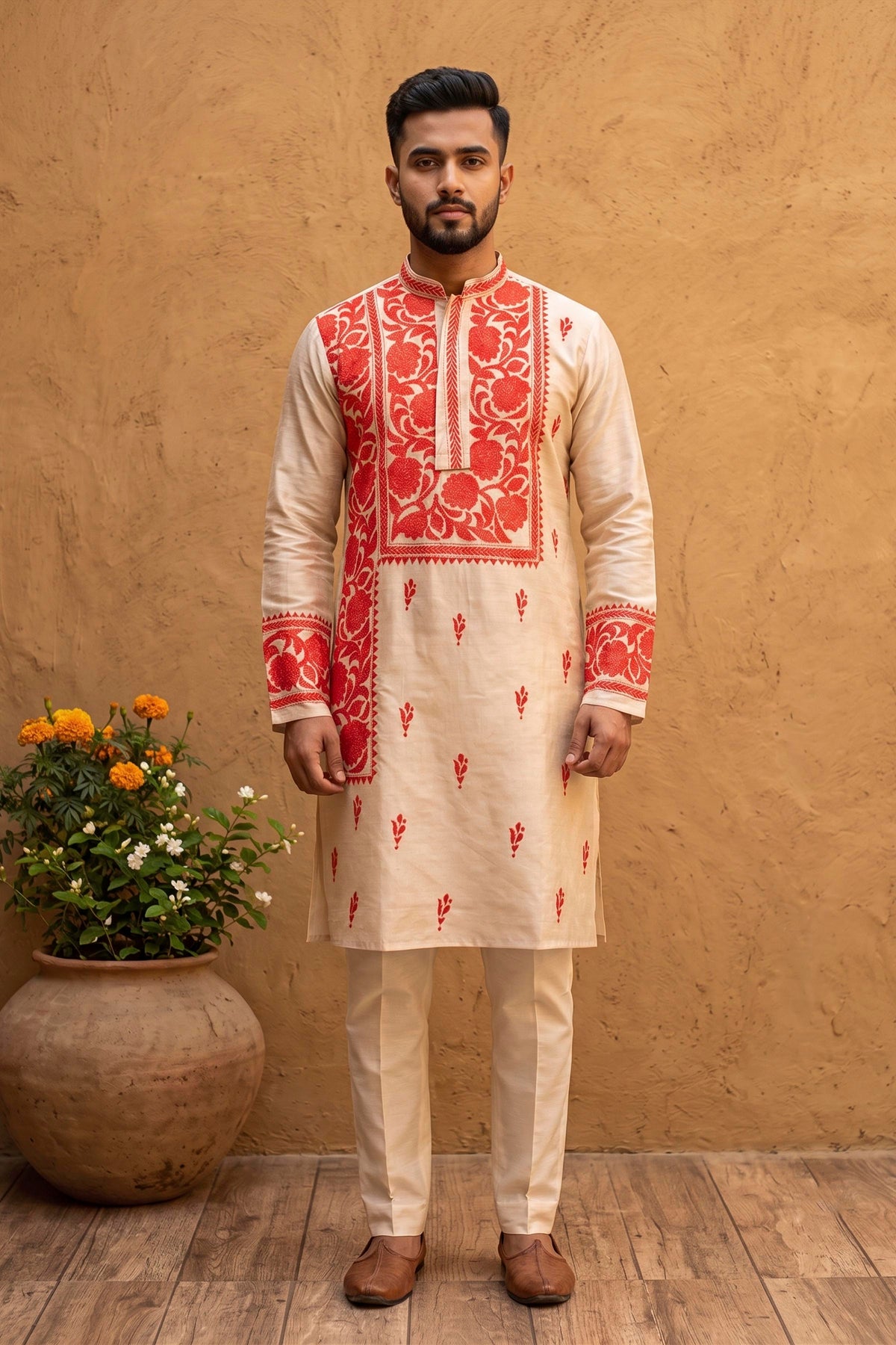 Beige Pure Tussar with Kantha Work (Hand Embroidery) Panjabi KP26443
