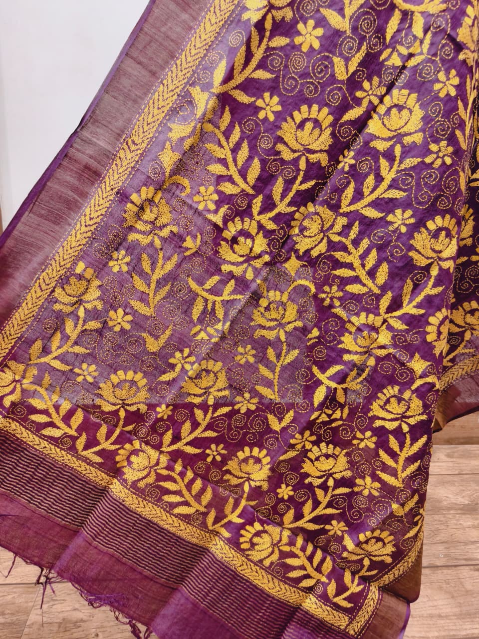 Zari Border Pure Tussar Kantha Stitch Dupatta SN26KD46