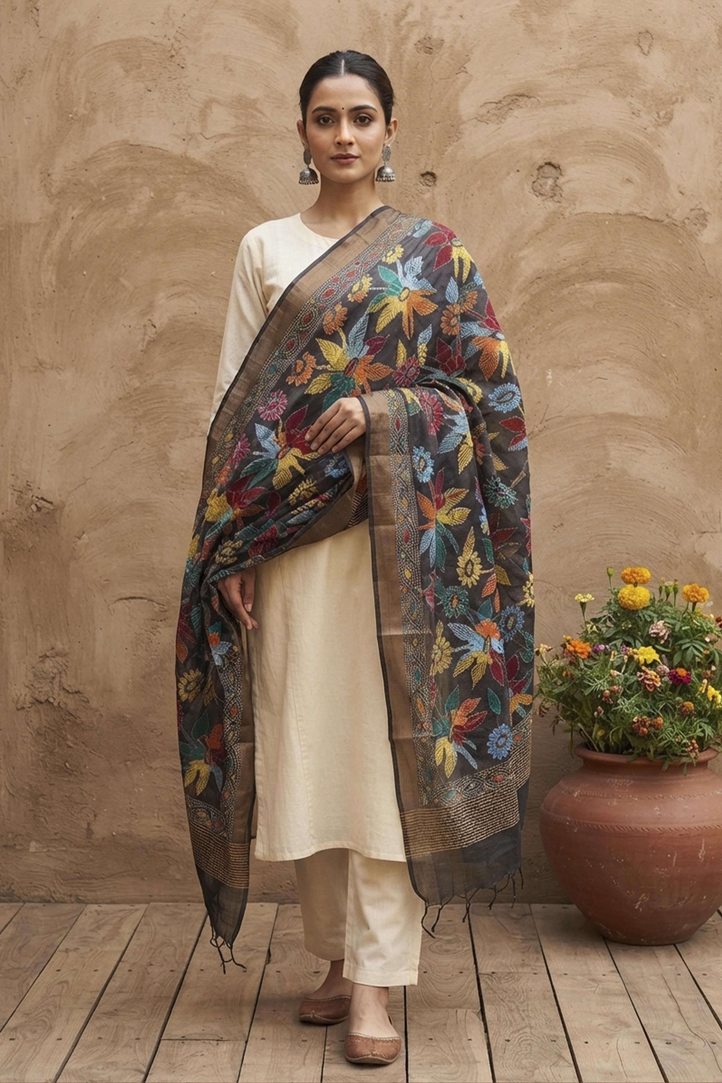 Zari Border Pure Tussar Kantha Stitch Dupatta SN26KD49