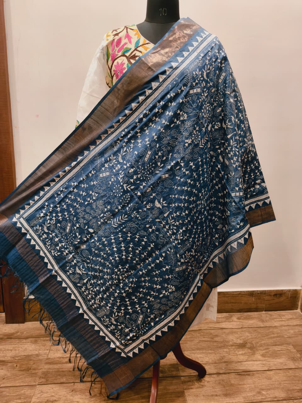 Zari Border Pure Tussar Kantha Stitch Dupatta SN26KD55