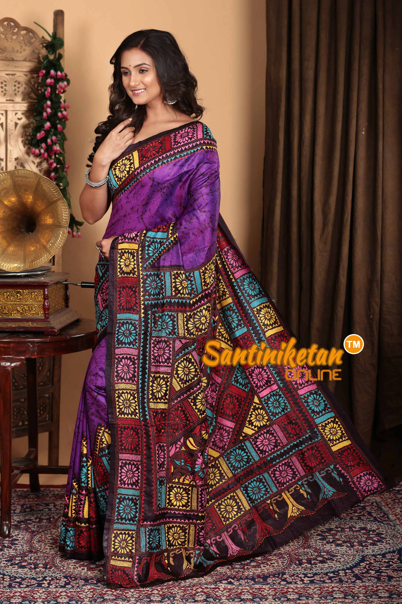 Pure Bangalore Silk Batik Kantha Stitch Saree SN2023A6511