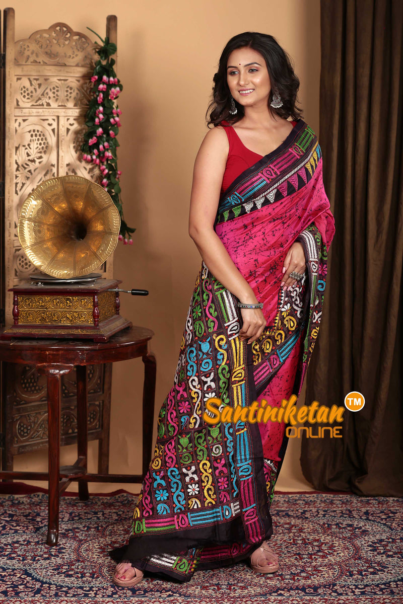 Pure Bangalore Silk Batik Kantha Stitch Saree SN2023A6595
