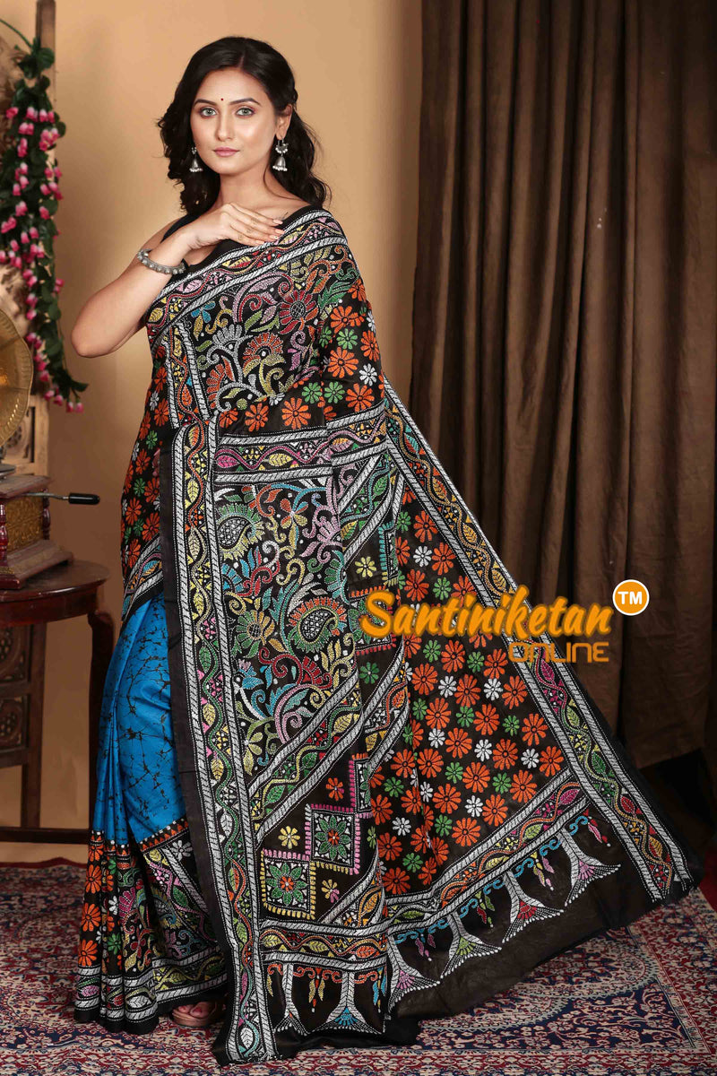 Pure Bangalore Silk Batik Kantha Stitch Saree SN2023A6909