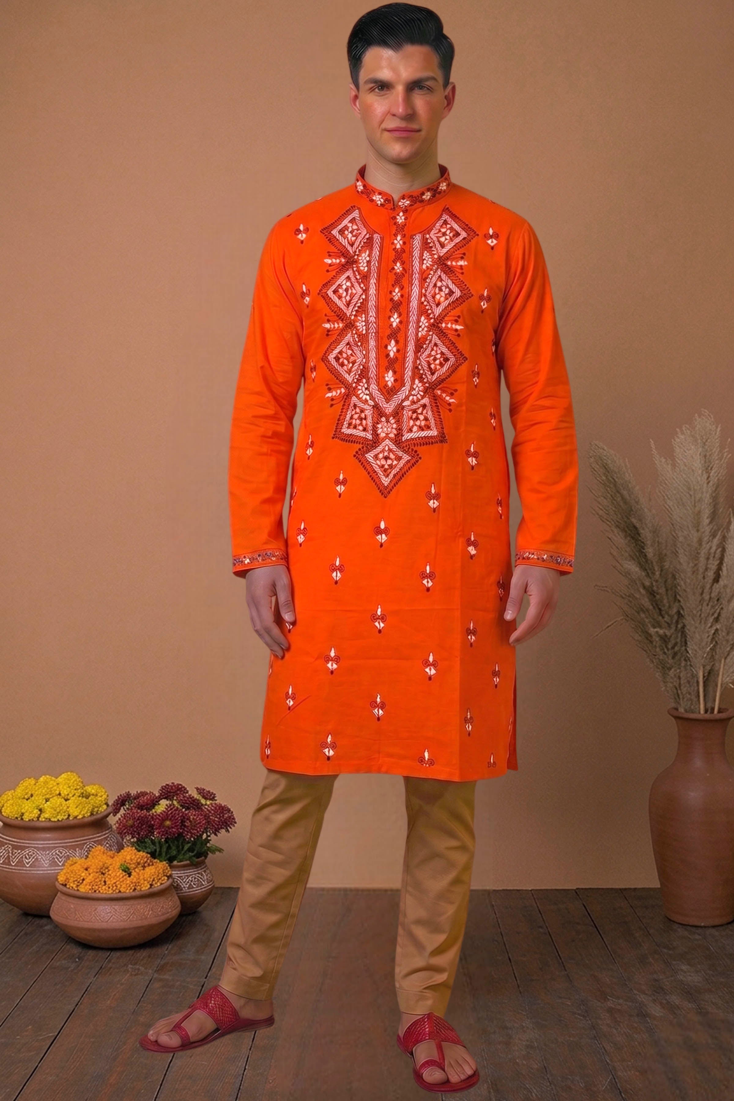 Red Pure Cotton with Kantha Work (Hand Embroidery) Panjabi