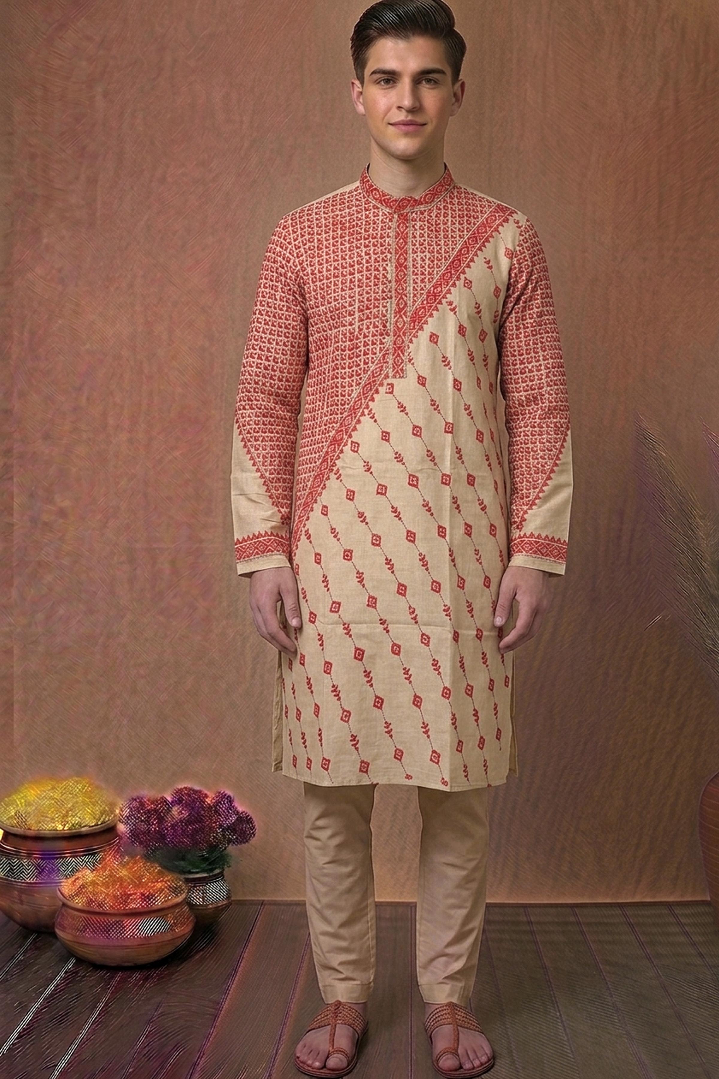 Beige Pure Tussar with Kantha Work (Hand Embroidery) Panjabi
