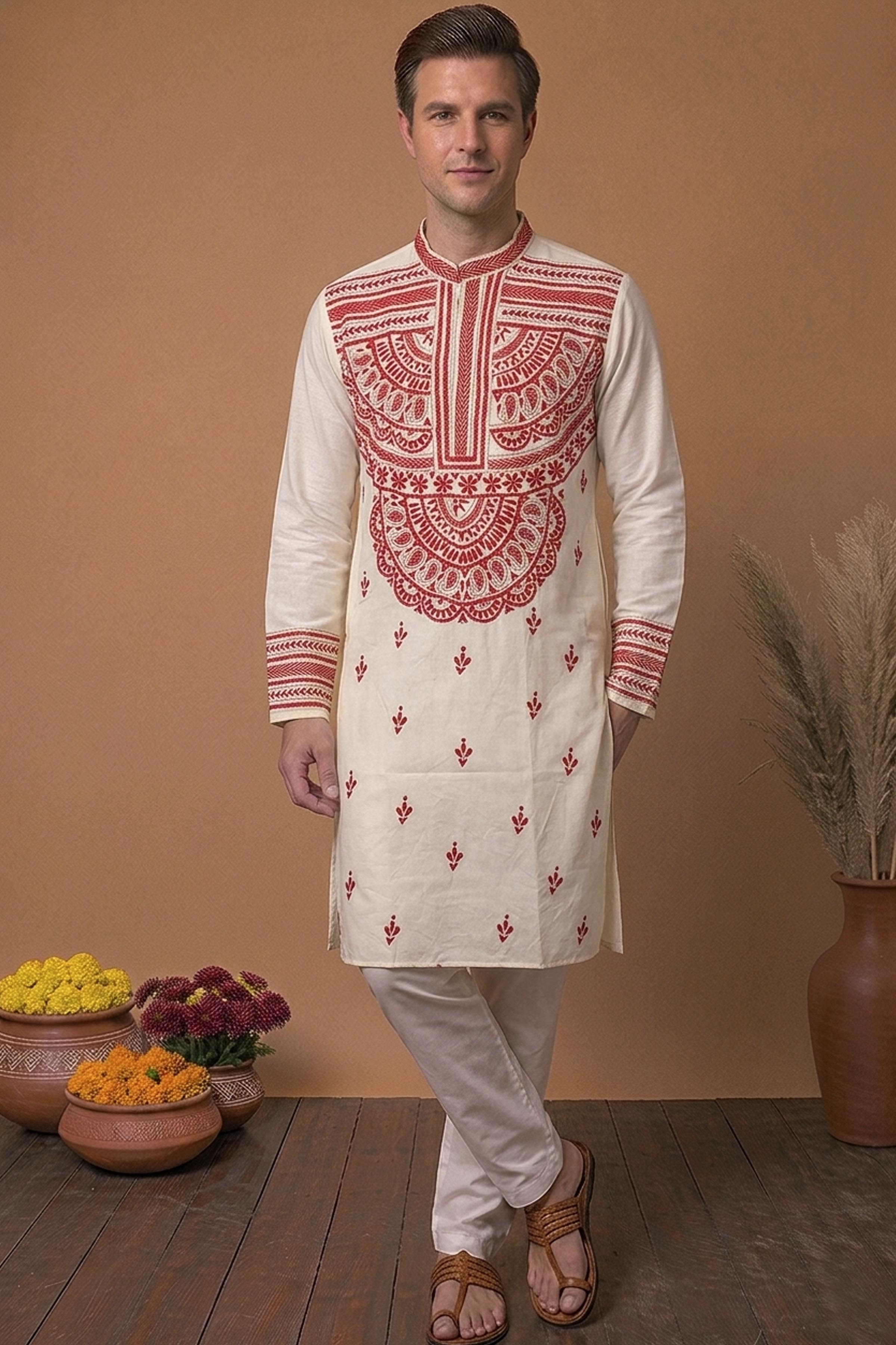 Off White Tussar with Kantha Work (Hand Embroidery) Panjabi