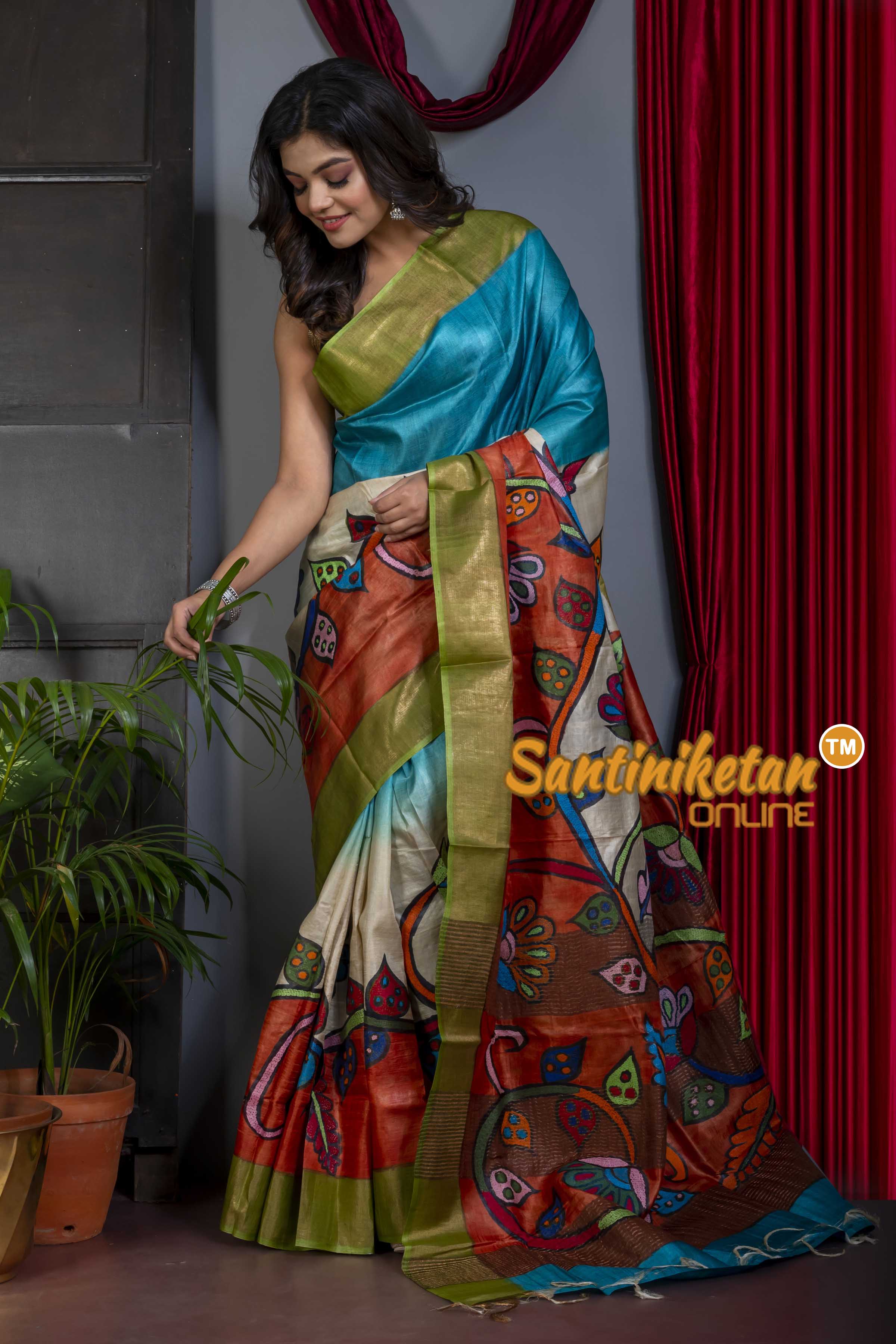 Zari Tussar Silk Painting Kantha Stitch Saree SN20220399