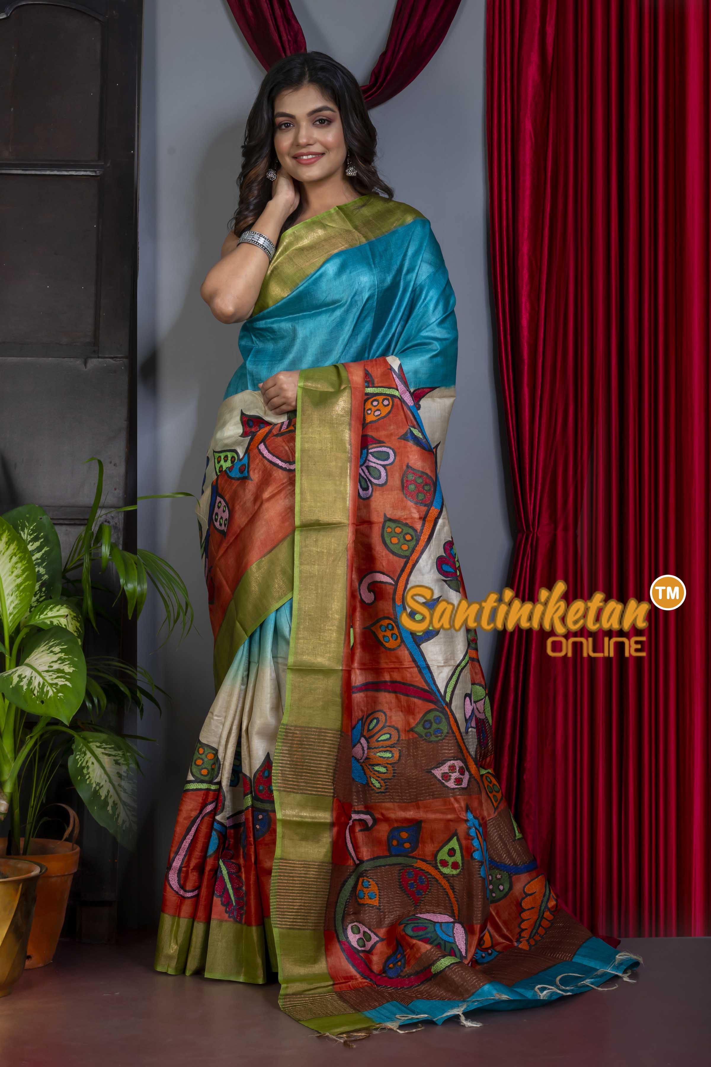 Zari Tussar Silk Painting Kantha Stitch Saree SN20220399