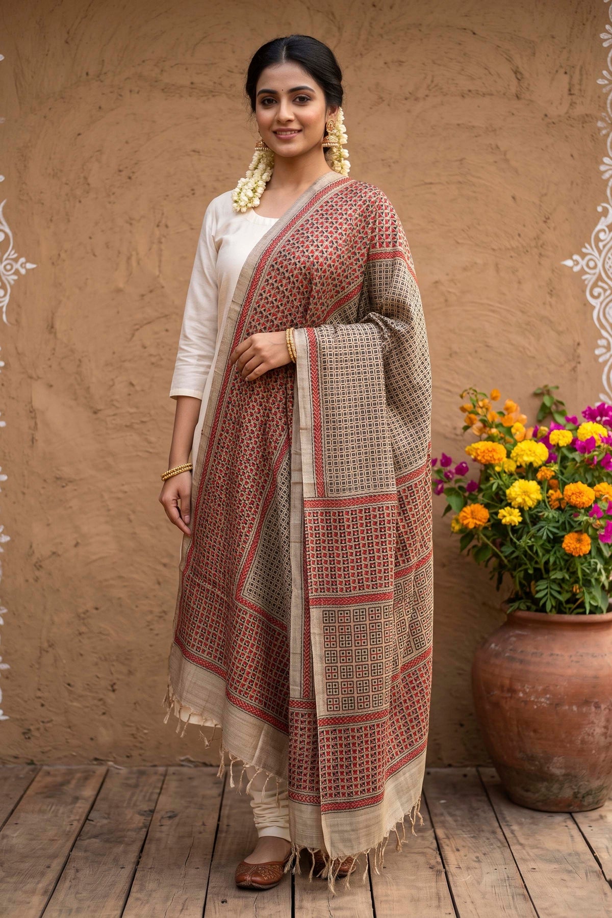 Pure Tussar Kantha Stitch Dupatta SN26KD95