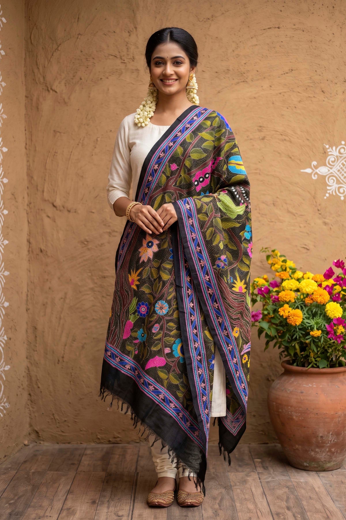 Pure Bangalore Silk Kantha Stitch Dupatta SN26KD98