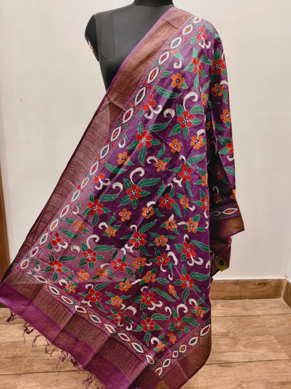 Zari Border Pure Tussar Kantha Stitch Dupatta SN26KD01