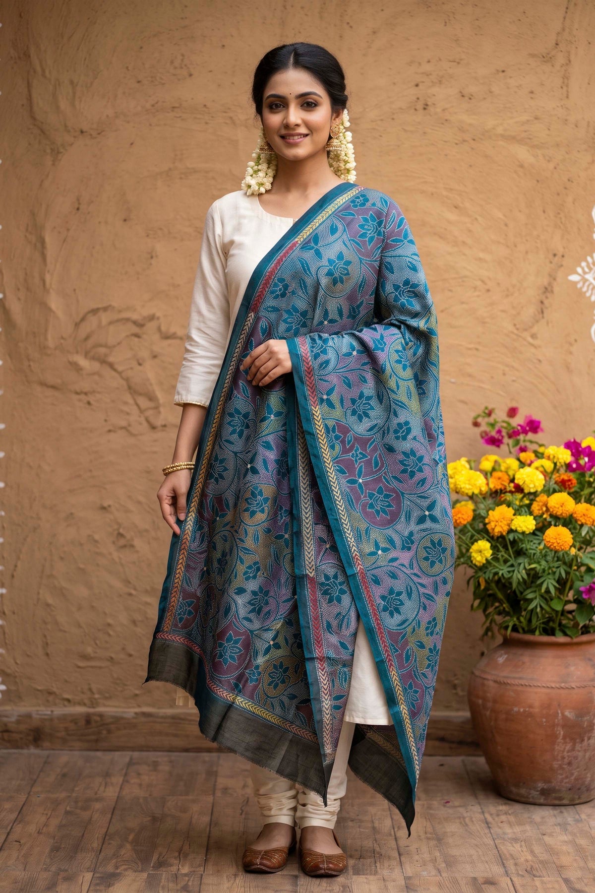 Pure Bangalore Silk Kantha Stitch Dupatta SN26KD104