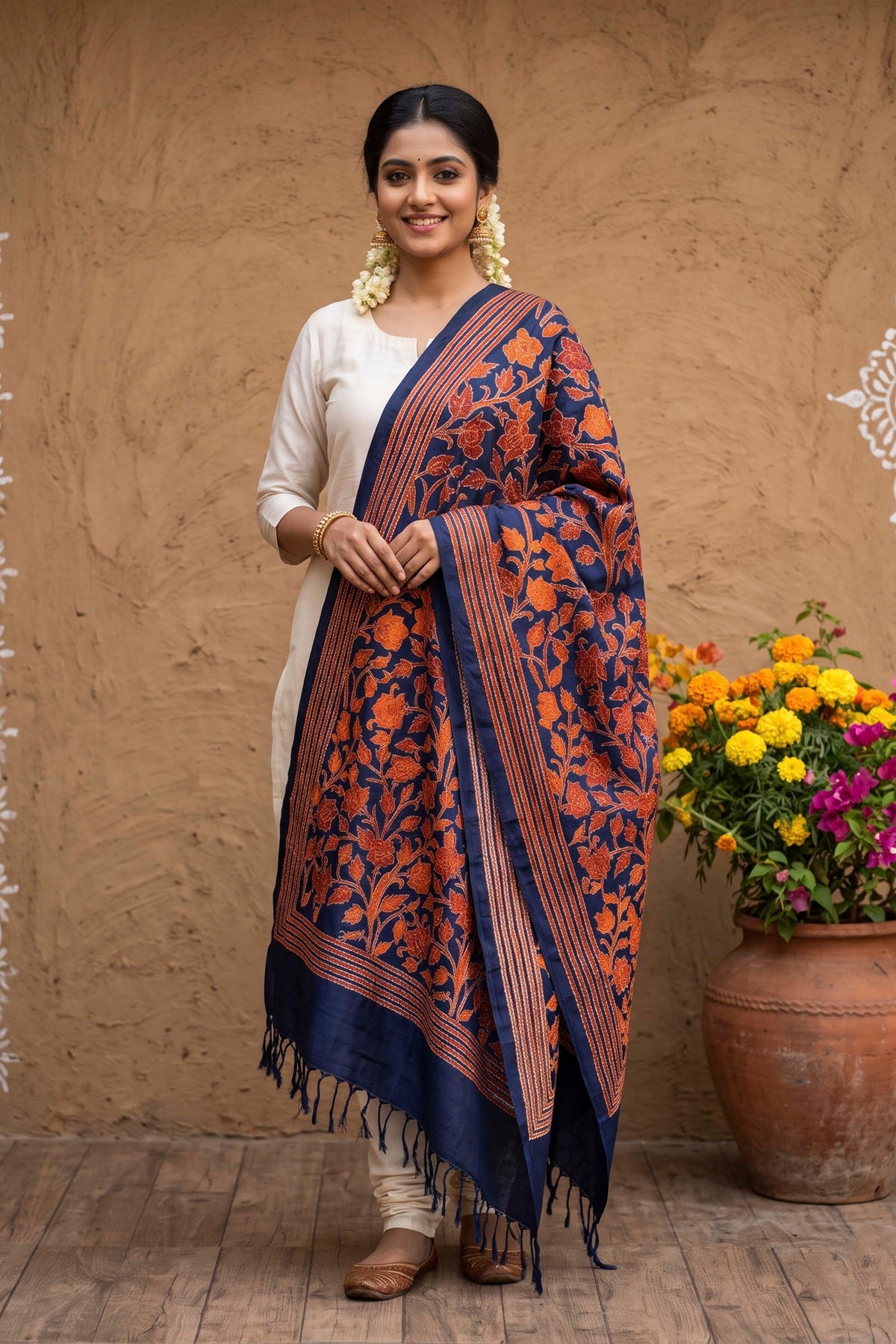 Pure Bangalore Silk Kantha Stitch Dupatta SN26KD106