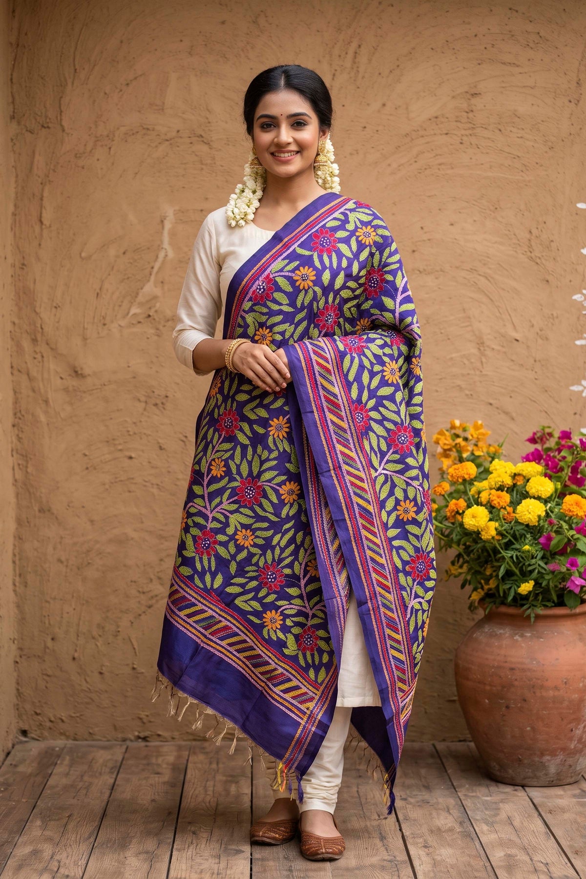 Pure Bangalore Silk Kantha Stitch Dupatta SN26KD108