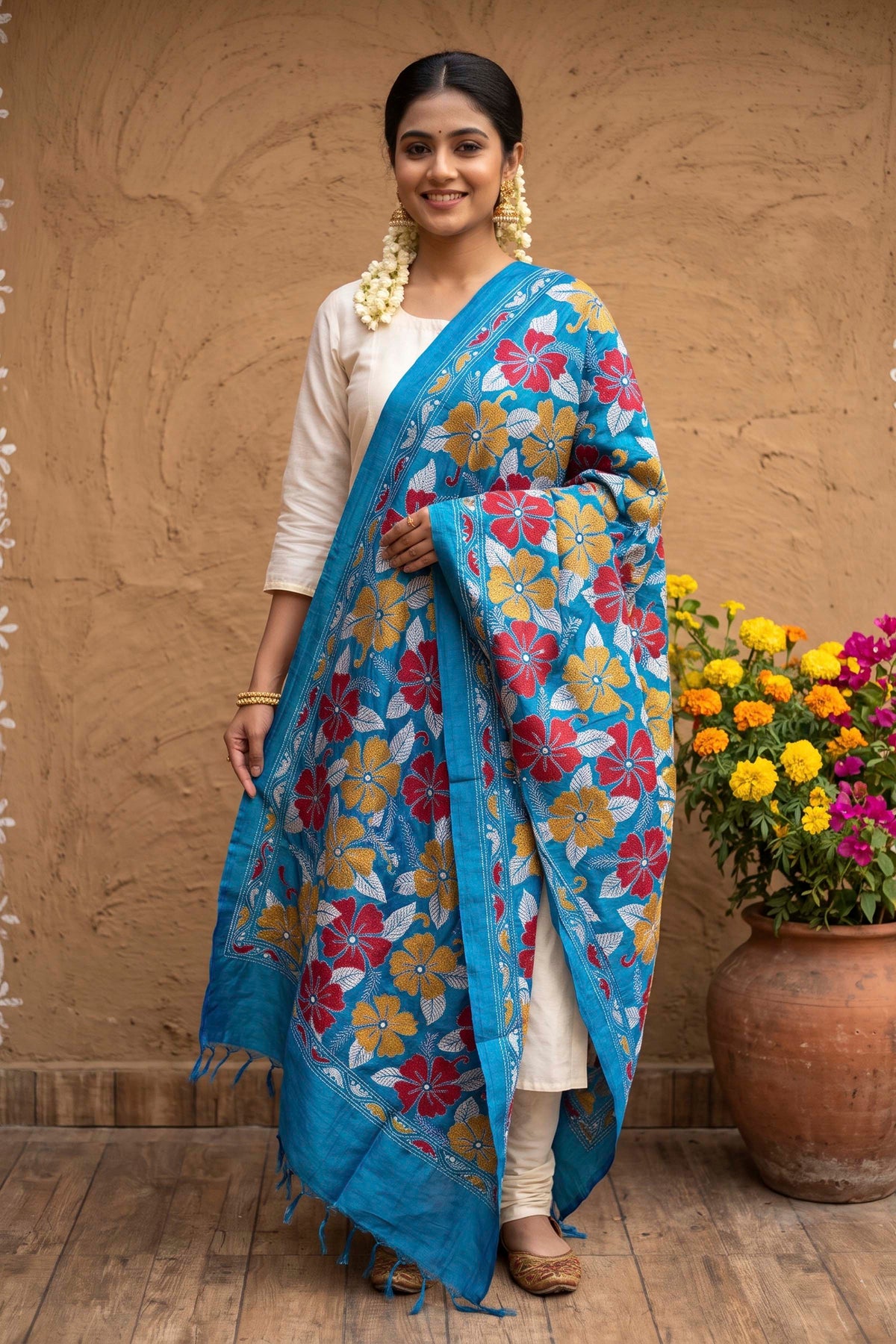 Pure Bangalore Silk Kantha Stitch Dupatta SN26KD109